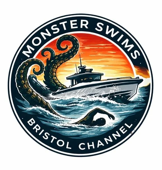 Logo for Monster Swims Bristol Channel featuring a boat and a giant octopus tentacle emerging from the water against an orange sunset background.