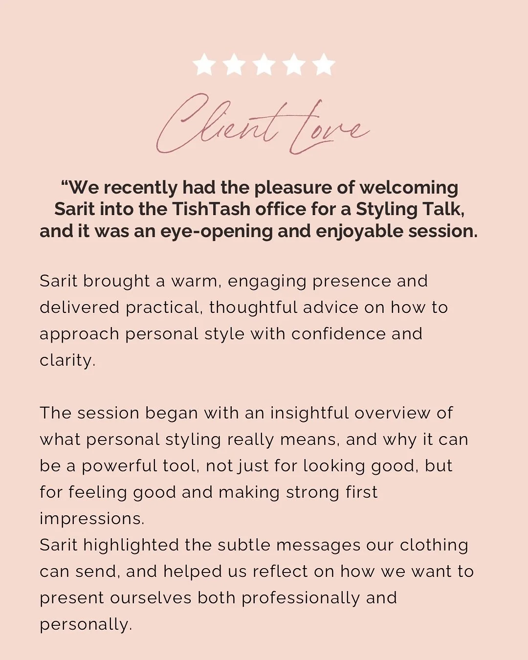 This year&rsquo;s biggest surprise? ✨ Falling in love with public speaking and delivering Styling Talks. 

Here&rsquo;s what the lovely team @tishtashtalks had to say after a recent session:

&ldquo; We recently had the pleasure of welcoming Sarit Sh