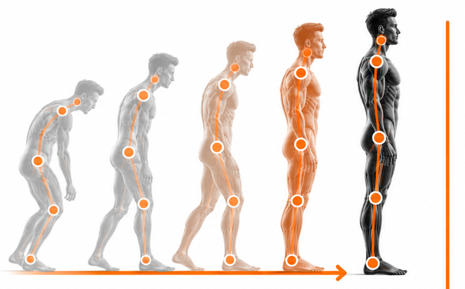 The body is always adapting - you are what you repeat. Image of posture improving over time, from bent over to straight, strong, resilient and upright.