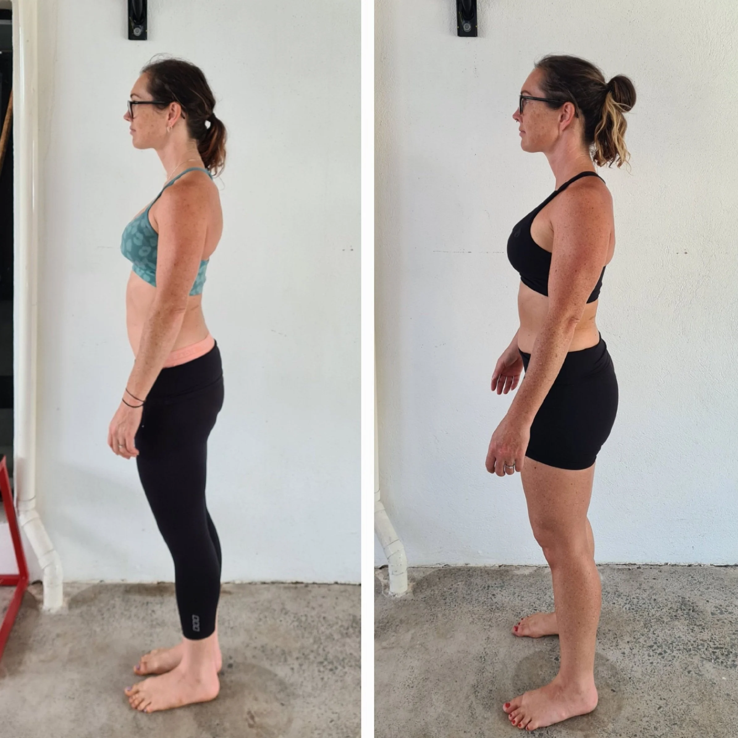 Client before and after personal training at Functional Patterns Sunshine Coast showcasing improved postural alignment and muscle mass