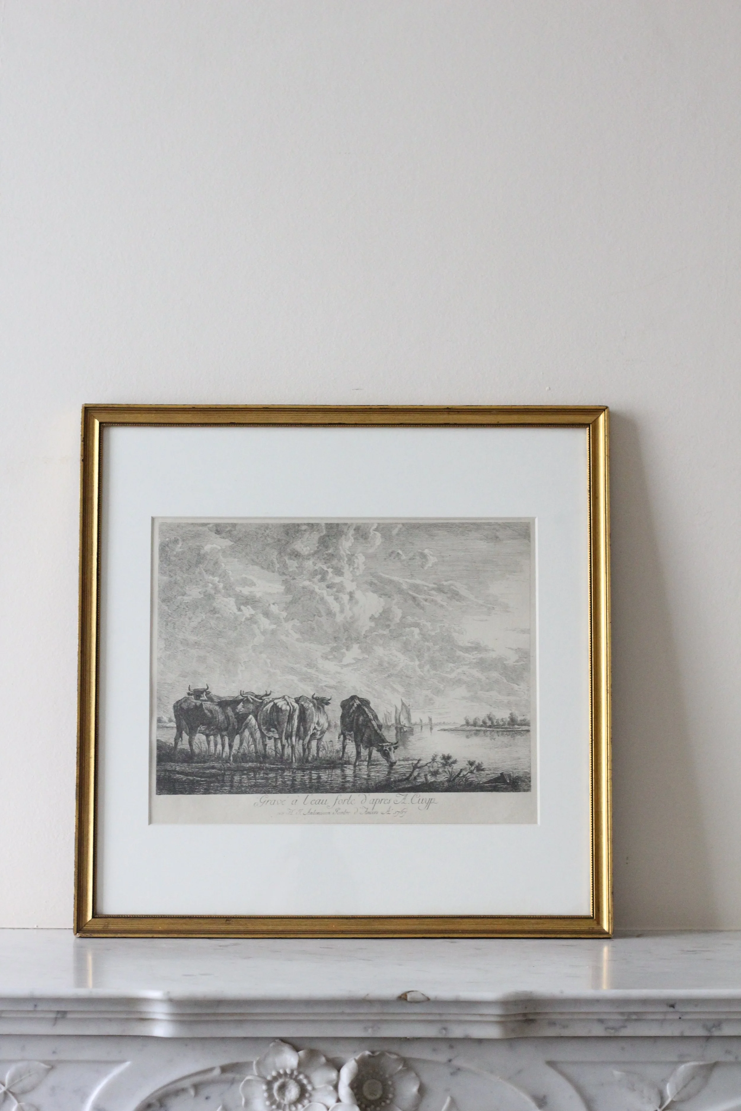 Henri Joseph Antoinissen Etch 'Grave a l'eau forte d'apres A. Cuyp 1767' (Cows at a river's edge etching after A. Cuyp)