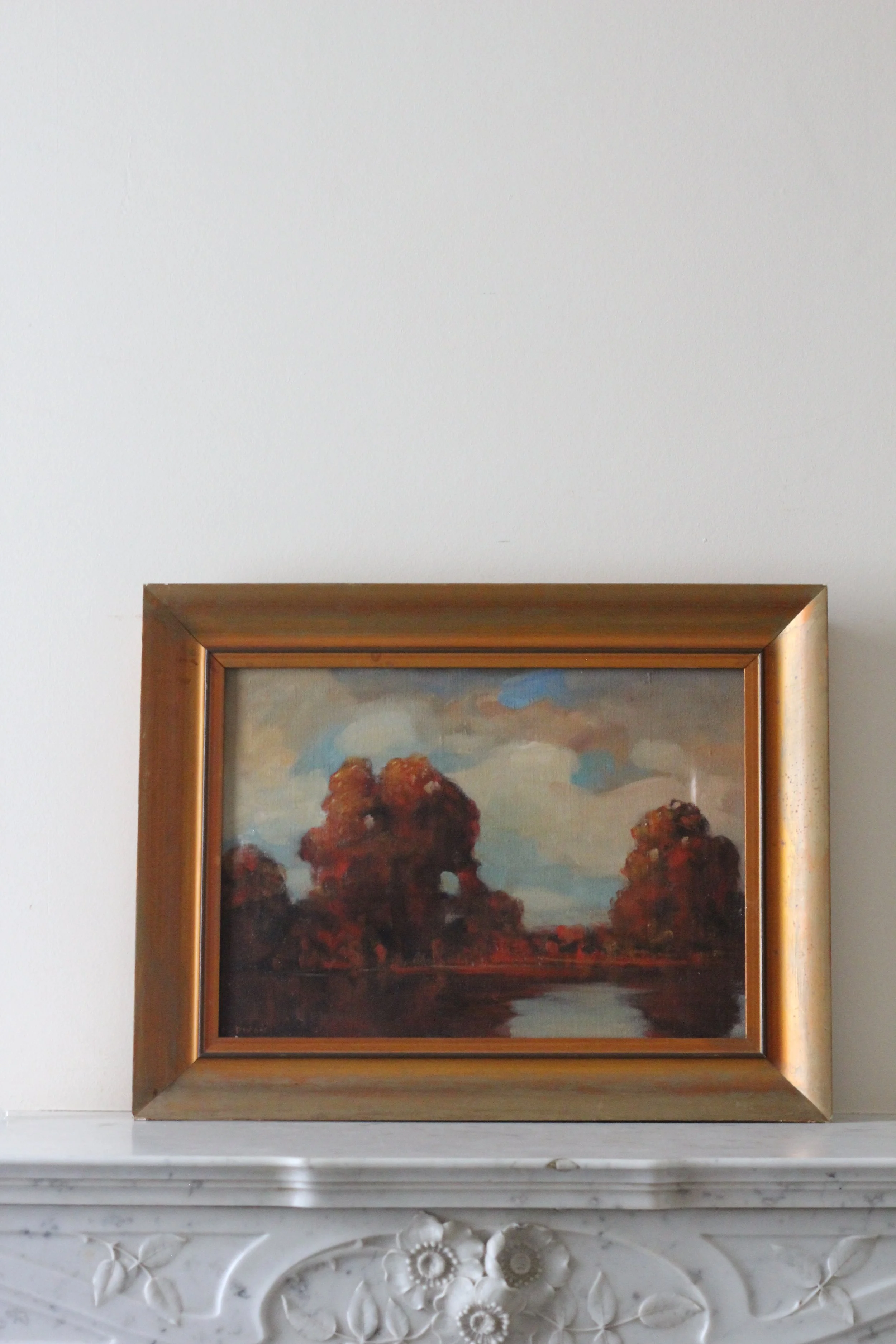 Framed oil on canvas, autumn river scene, signed Pikon 