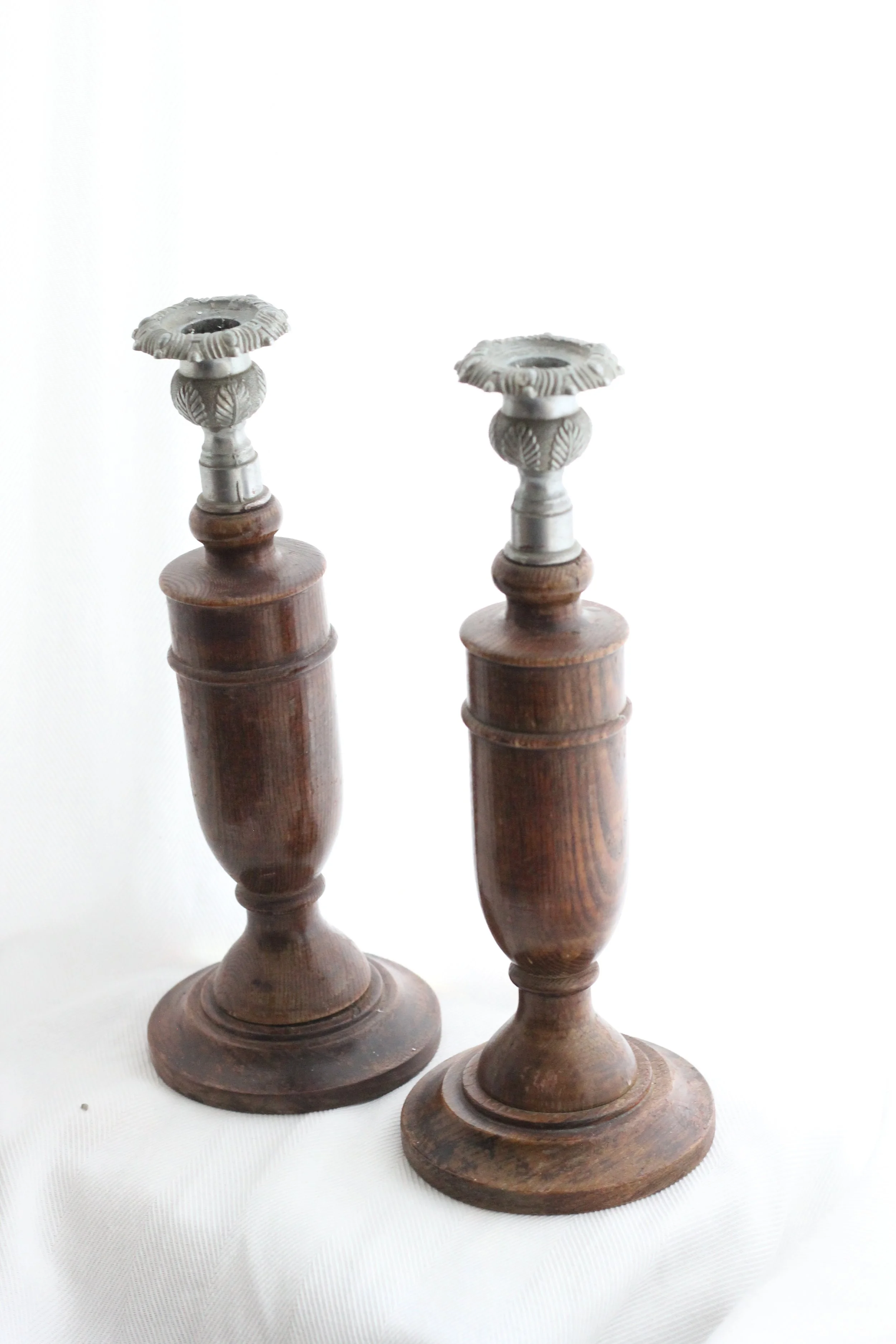 1930s turned wood and metal candlesticks with leaf pattern