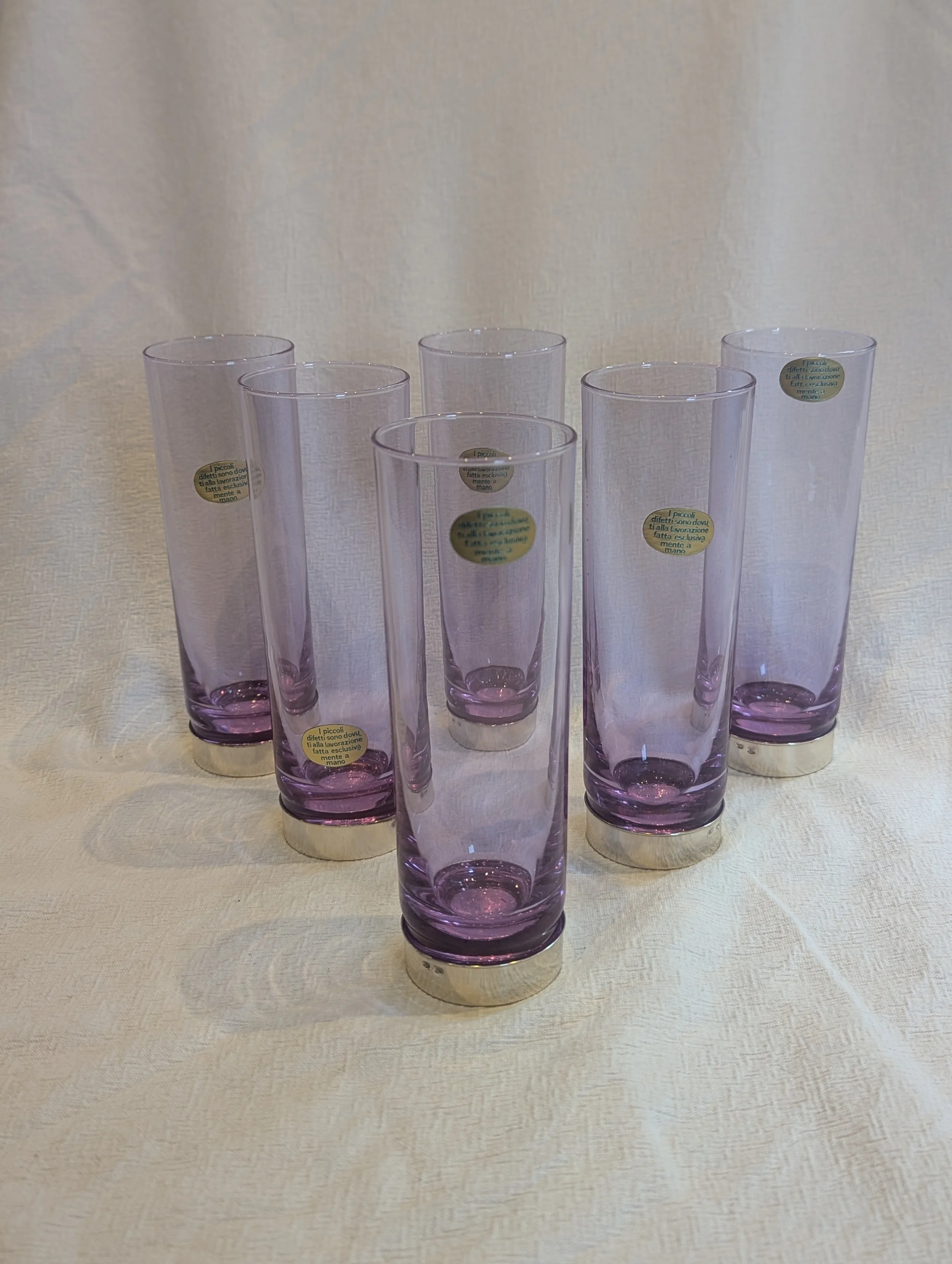 1970s Italian highball violet crystal and silver drinking glasses