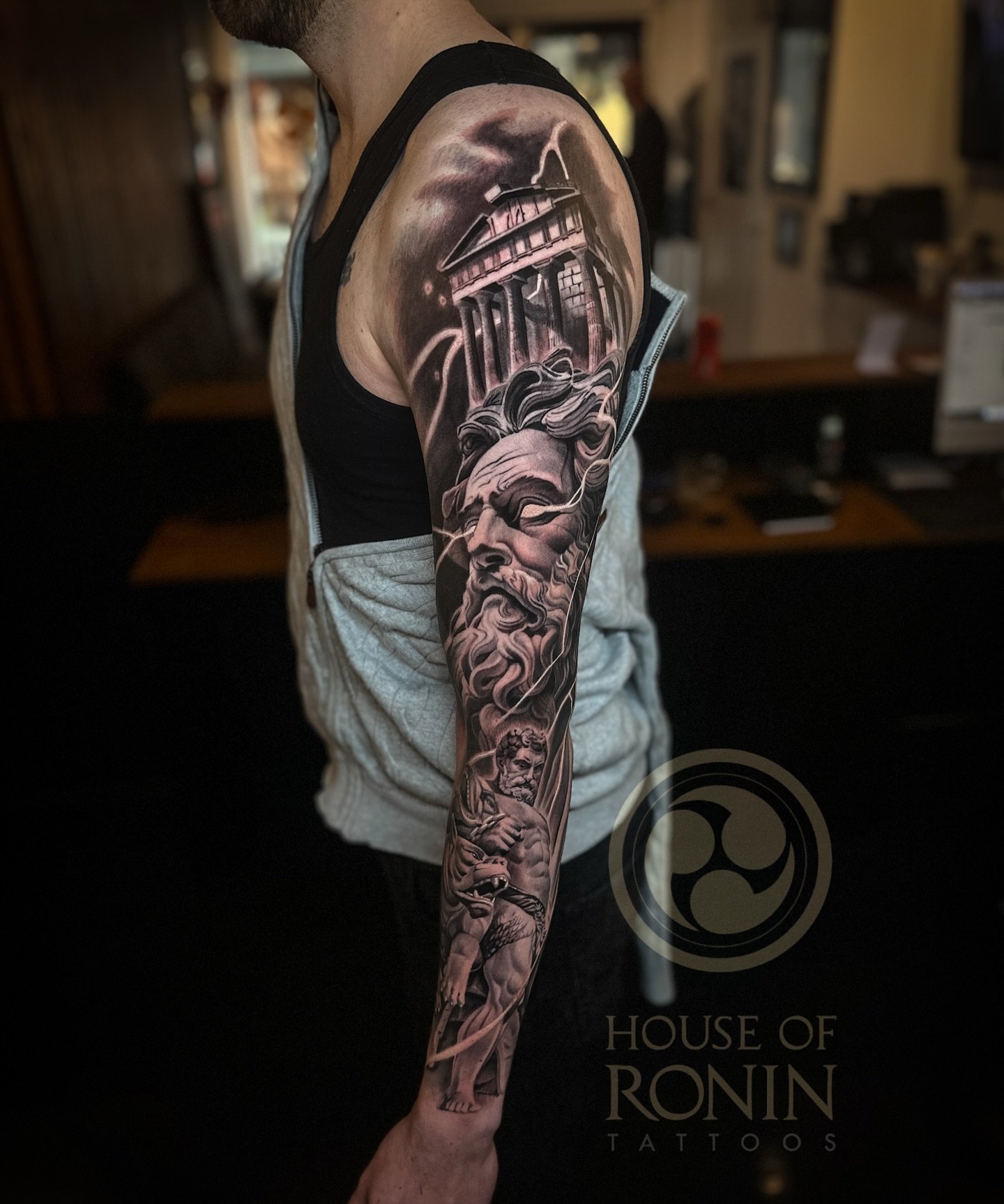 Done at @house_of_ronin_tattoos 
For appointments: www.houseofronintattoos.com
#HouseOfRoninTattoos
#BlackAndGreyTattoo
#RealismTattoo
#TattooSleeve
#MythologyTattoo
#FullSleeveTattoo
#TattooArt
#GriekseMythologie
#NeoClassicTattoo
#CustomTattooDesig