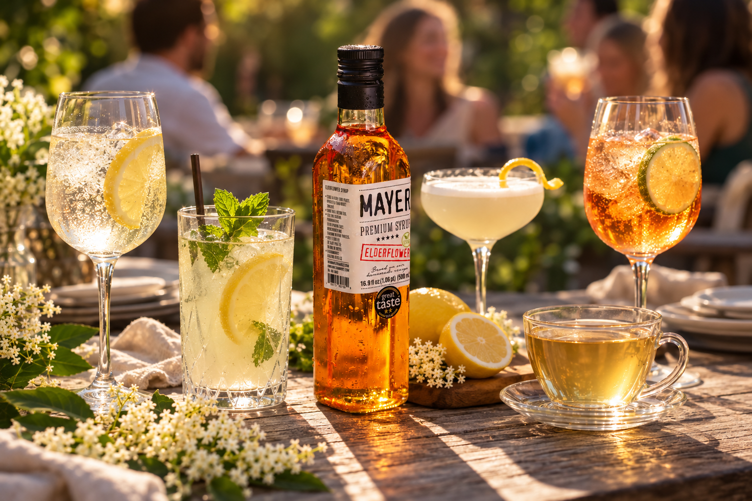 Mayer Elderflower Syrup with five elderflower drinks, lemon and fresh elderflowers
