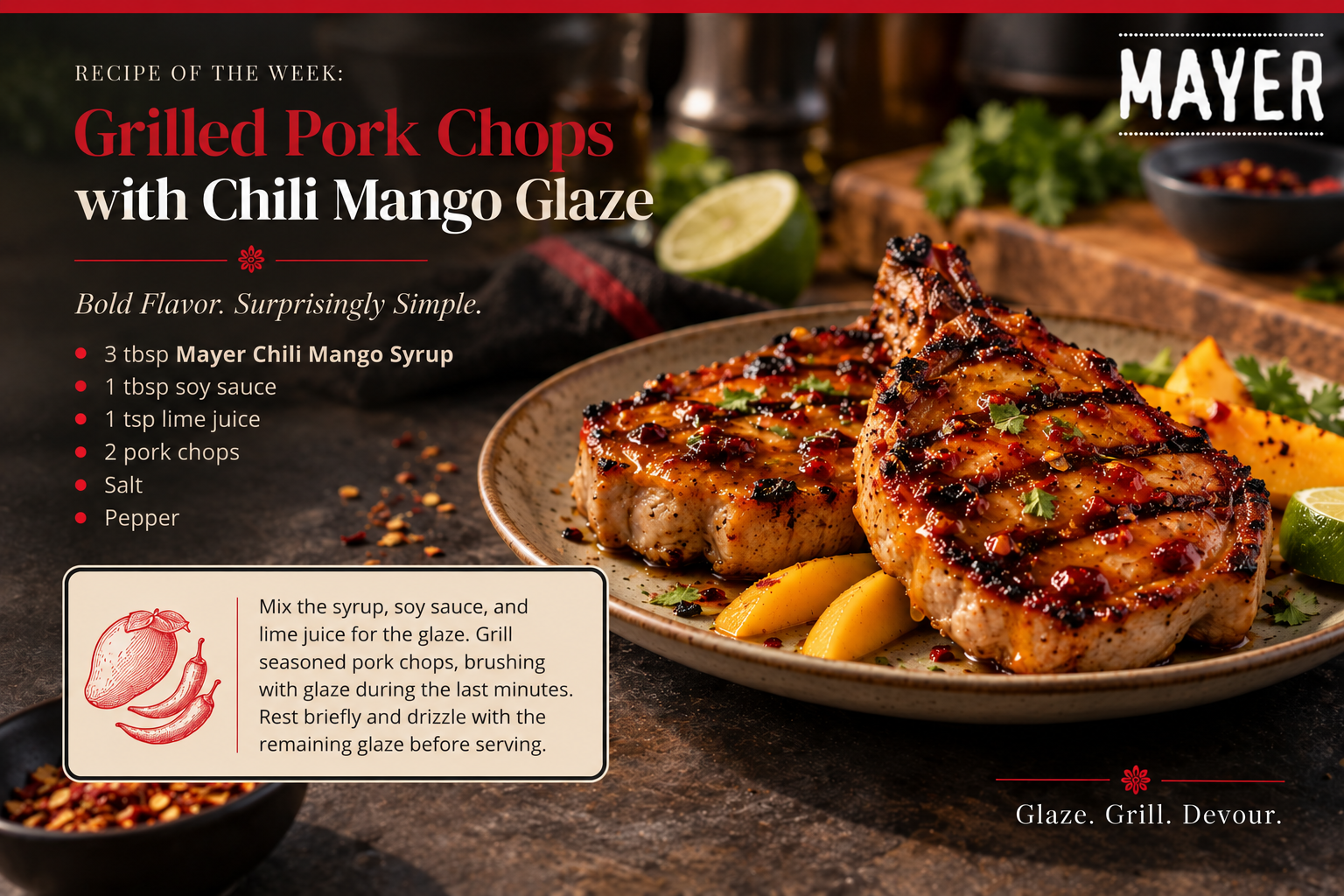Grilled pork chops with a Mayer Chili Mango Syrup glaze