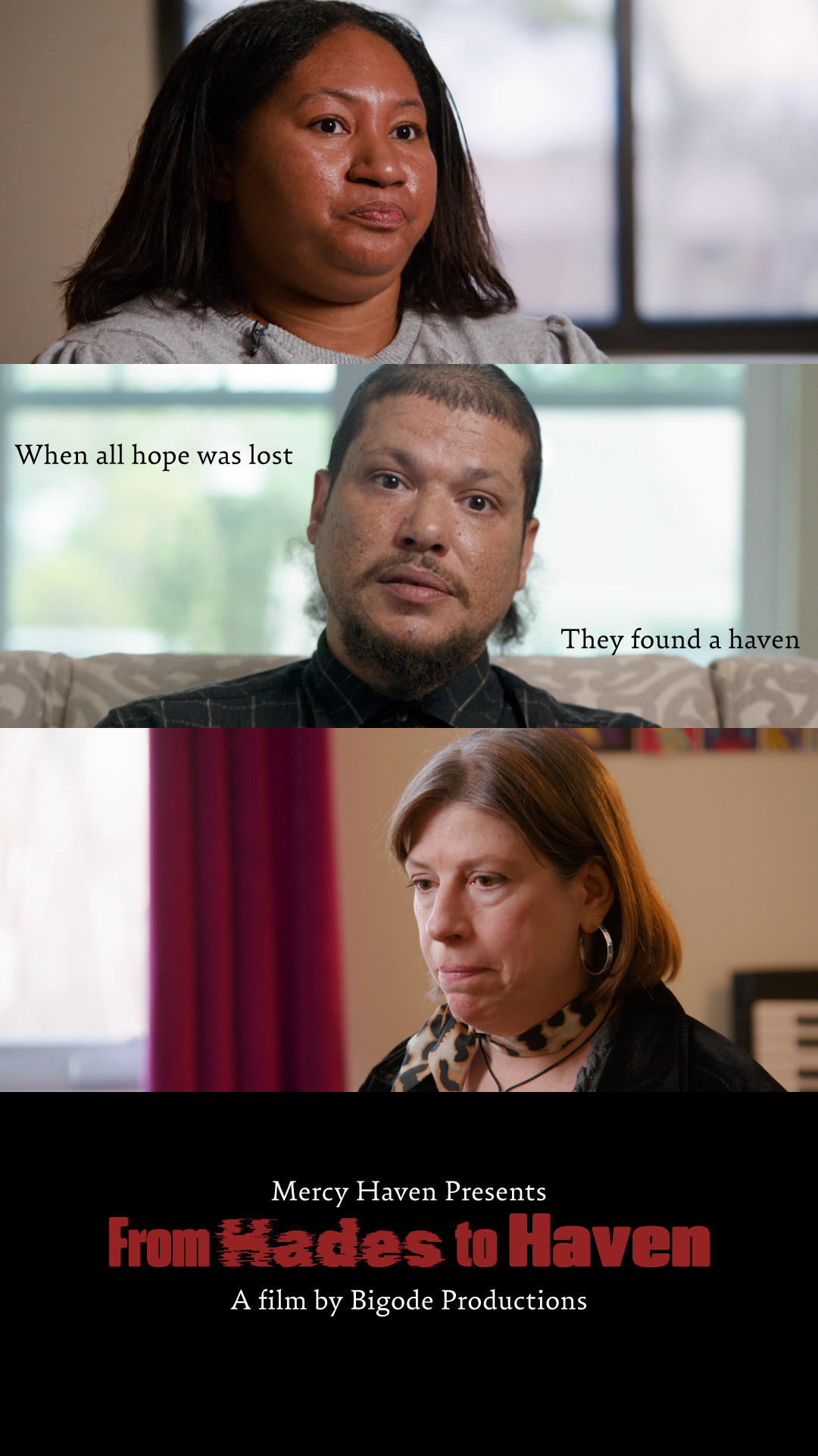 Official poster for the documentary 'From Hades to Haven,' a cinematic social impact film produced by Bigode Inc. for Mercy Haven.