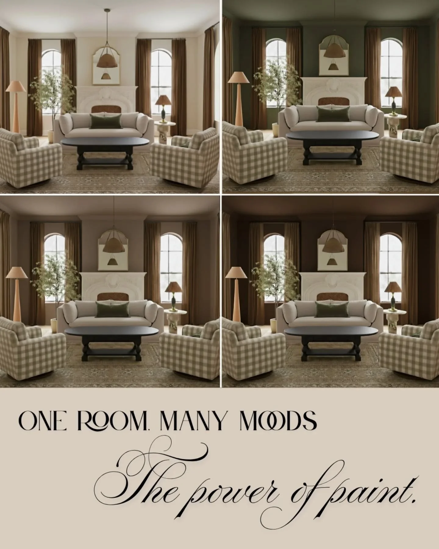 It's incredible how a single color can completely transform the mood of a room! 🎨

For this living room rendering, we played with several @sherwinwilliams shades to show you the powerful impact paint has beyond just aesthetics. 😌 From the serene si