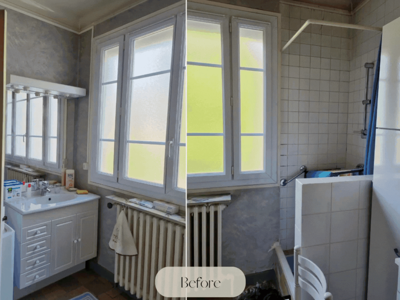Chic and minimalist Parisian bathroom before, design concept, and after transformation - GIF showcasing increased natural light and optimized space.