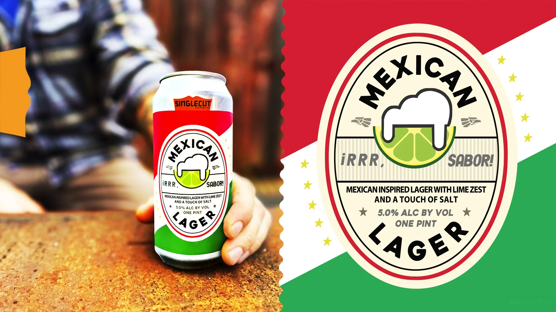 Hand holding can of RRR SABOR Mexican Lager