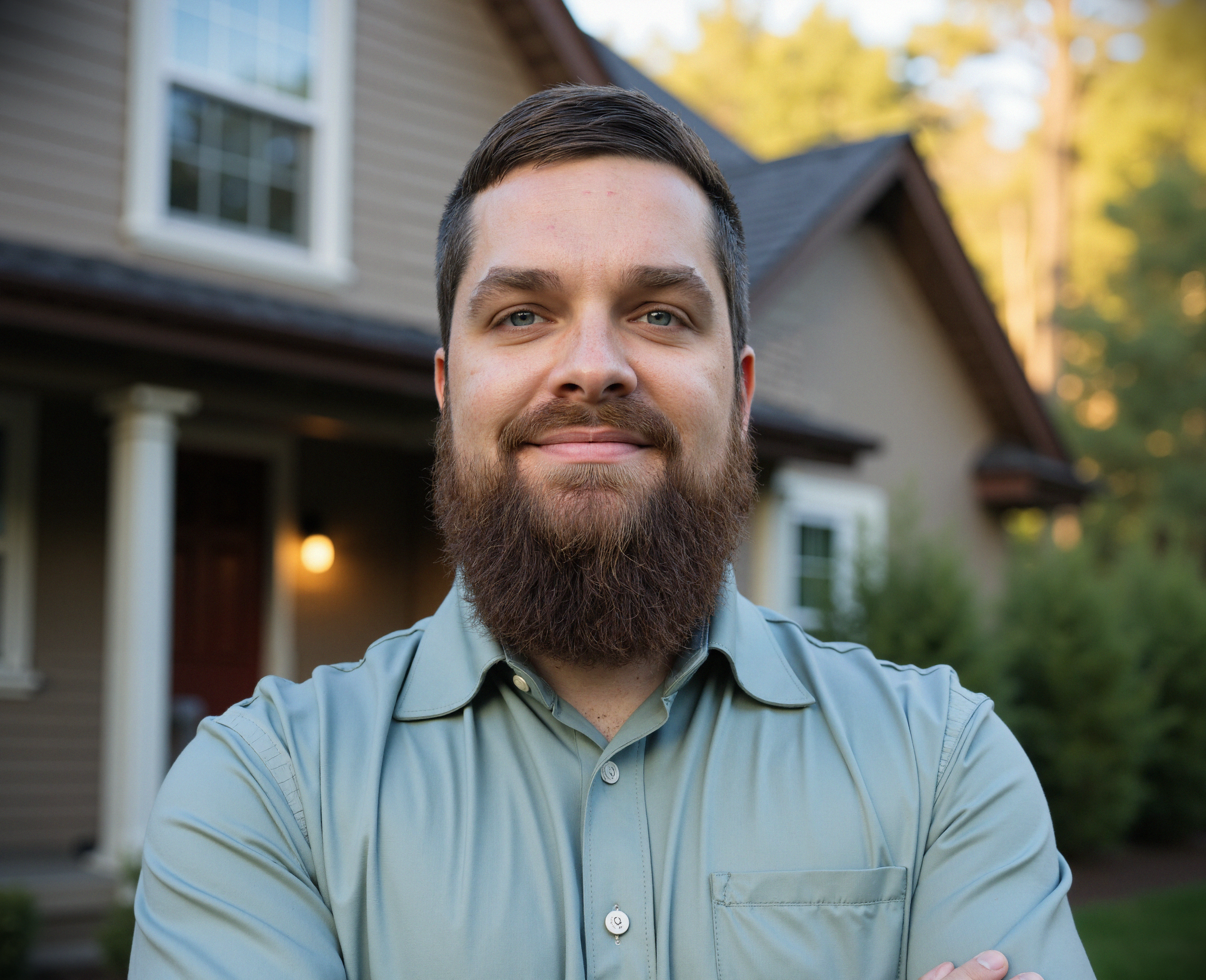 A portrait of a man with light skin, blue eyes, dark hair, and a full beard. He is wearing a blue and white striped shirt and standing in front of a wooden background.