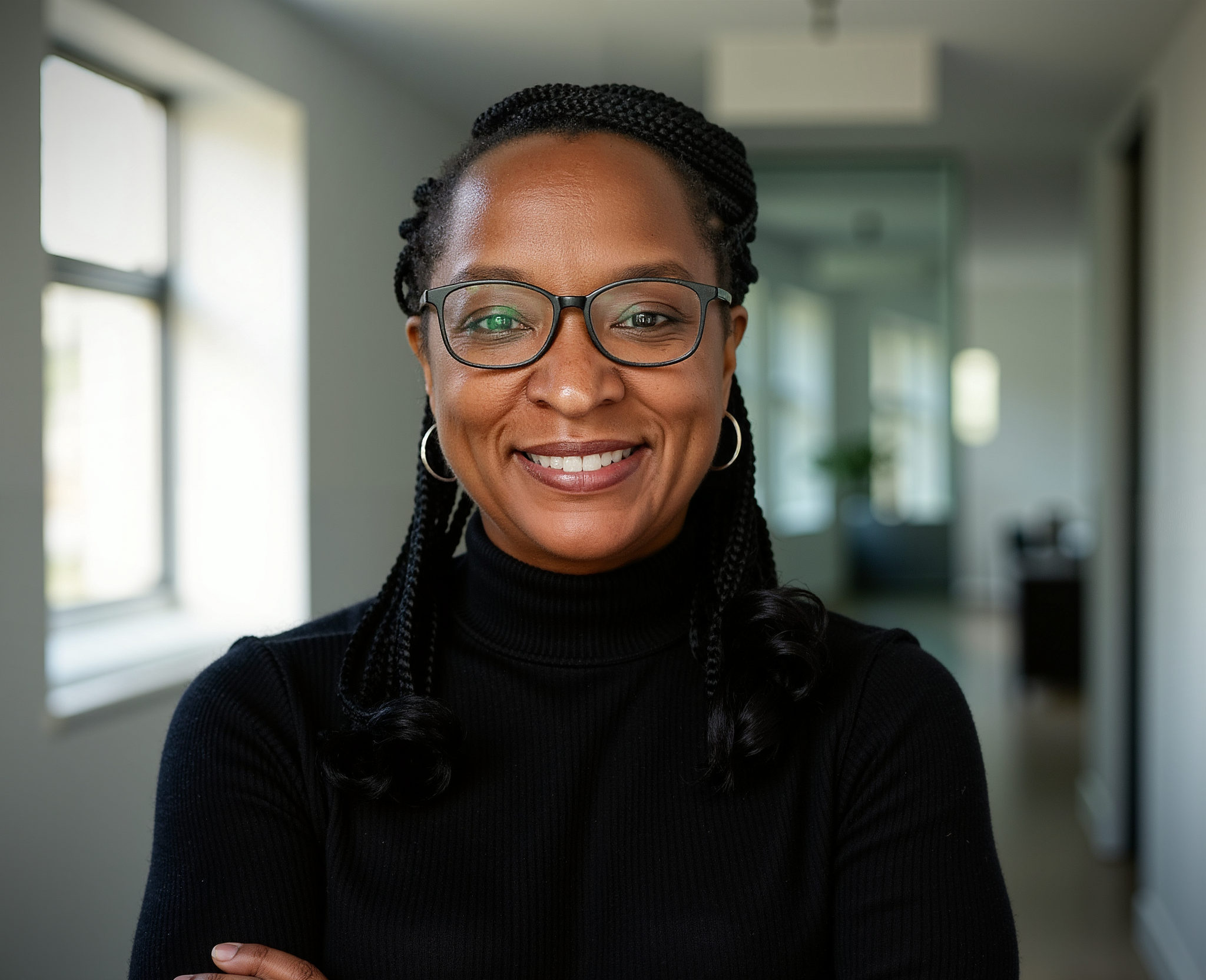 A portrait of an African American woman smiling, wearing a patterned blouse, standing in front of a textured wooden background.