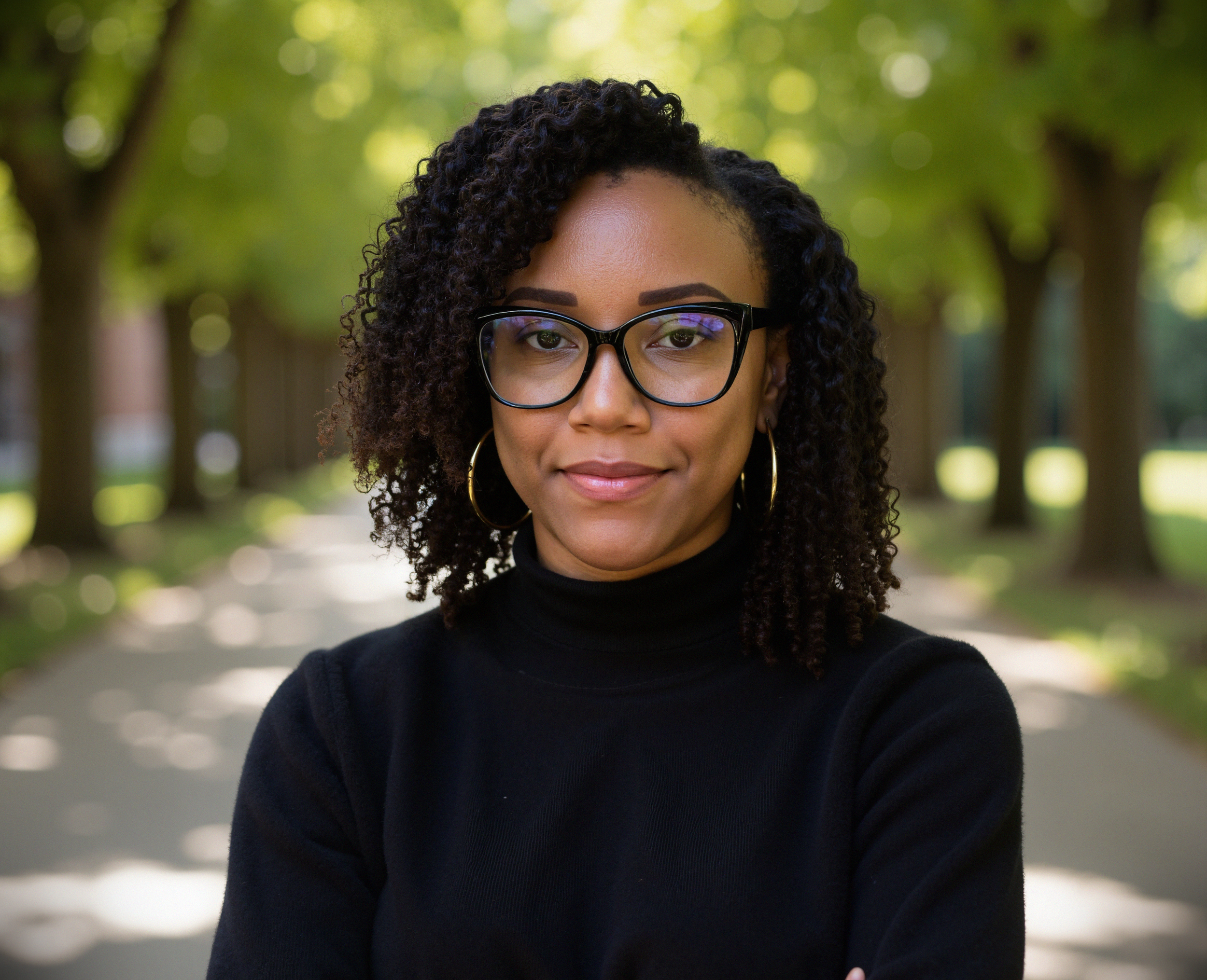 A woman with curly black hair smiling, wearing a black jacket over a red blouse, standing in front of a wooden wall.