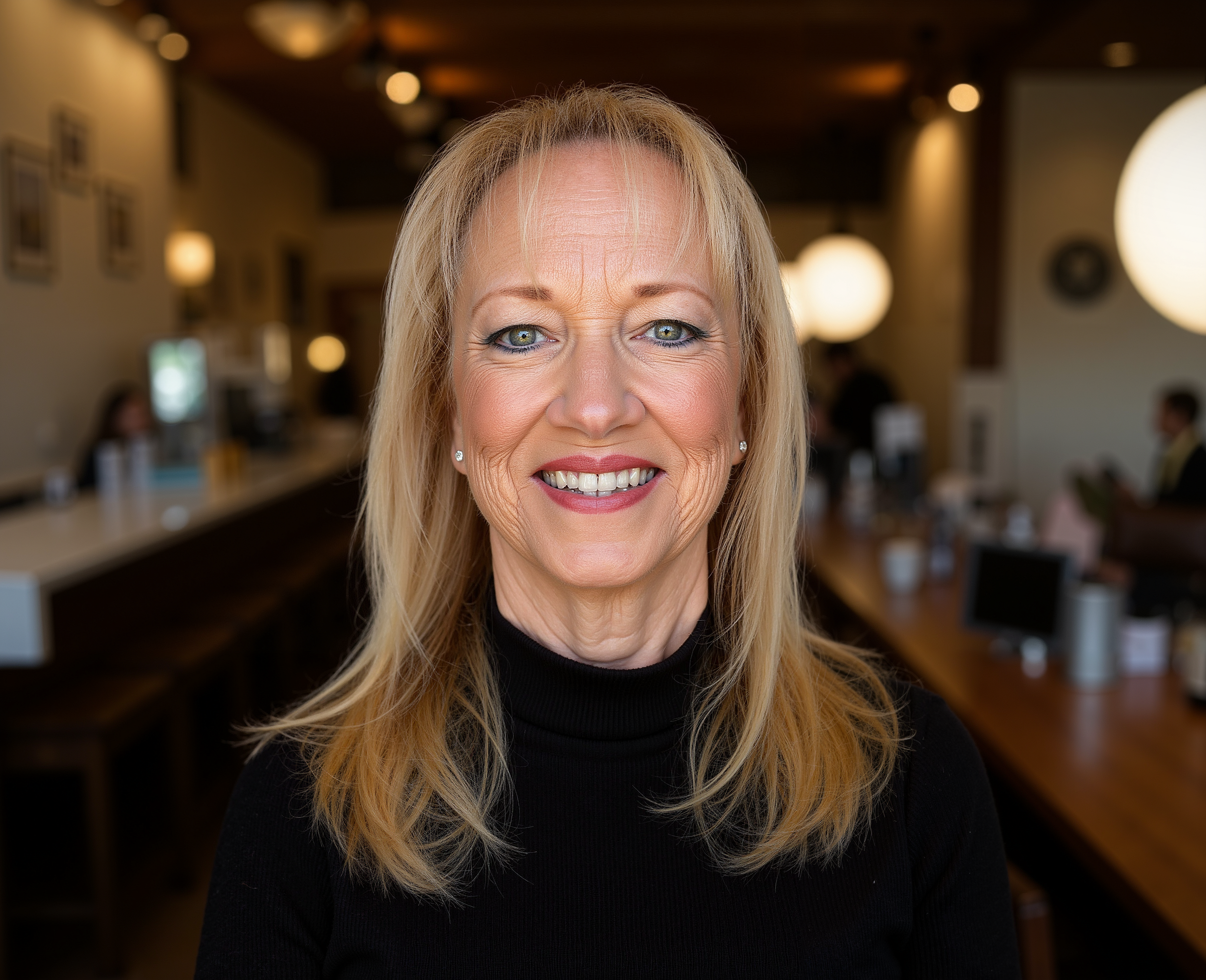 Portrait of a smiling middle-aged woman with blonde hair, wearing a blue top with lace details on the shoulders and a turquoise necklace, standing in front of a blurred wooden background.