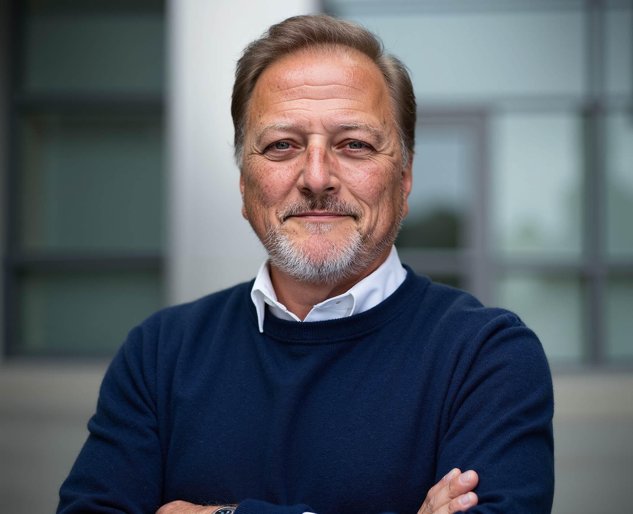 A middle-aged man with light hair, wearing a navy suit and a light blue shirt, smiling and looking at the camera against a wooden background.