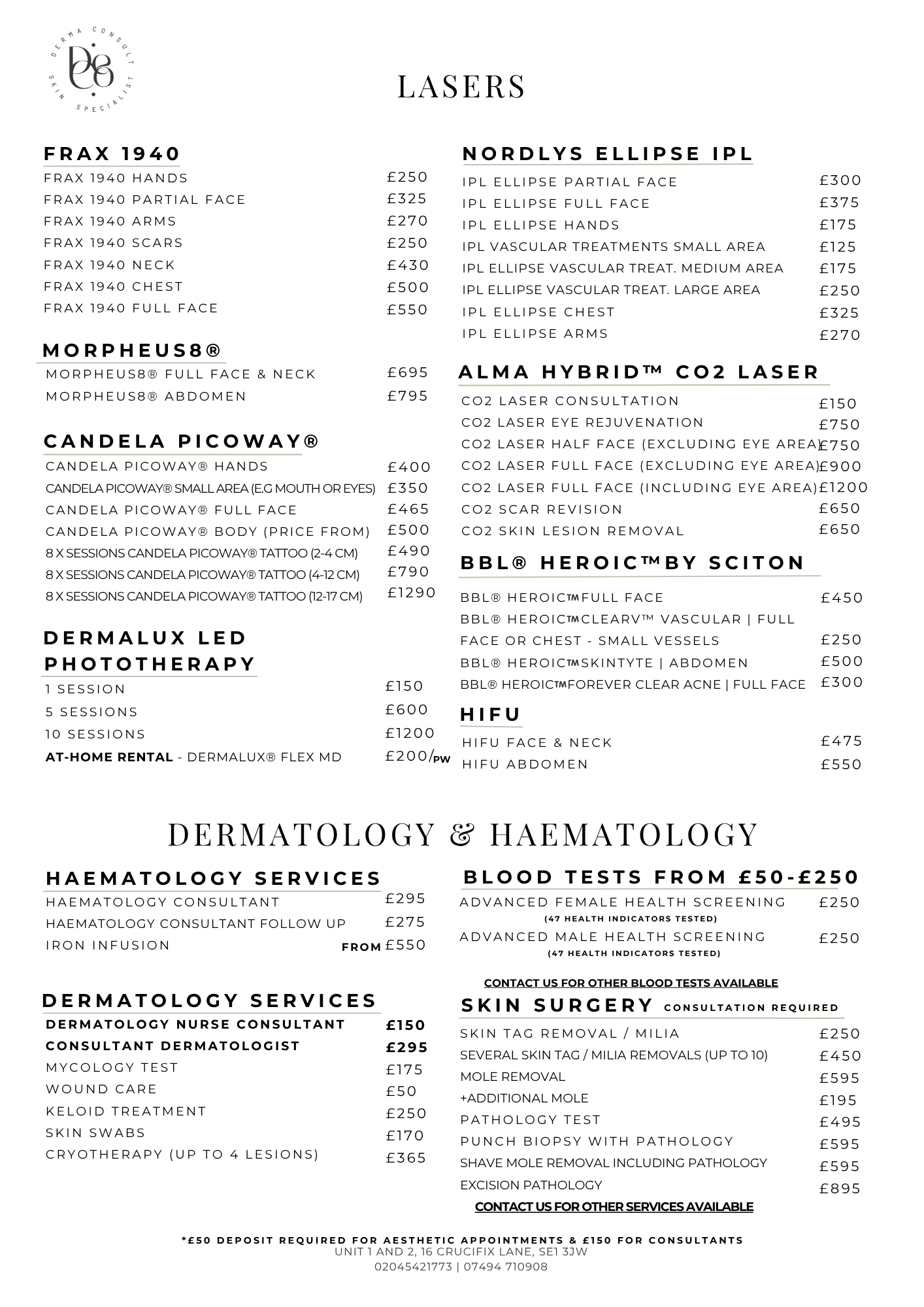 Derma consult price list
