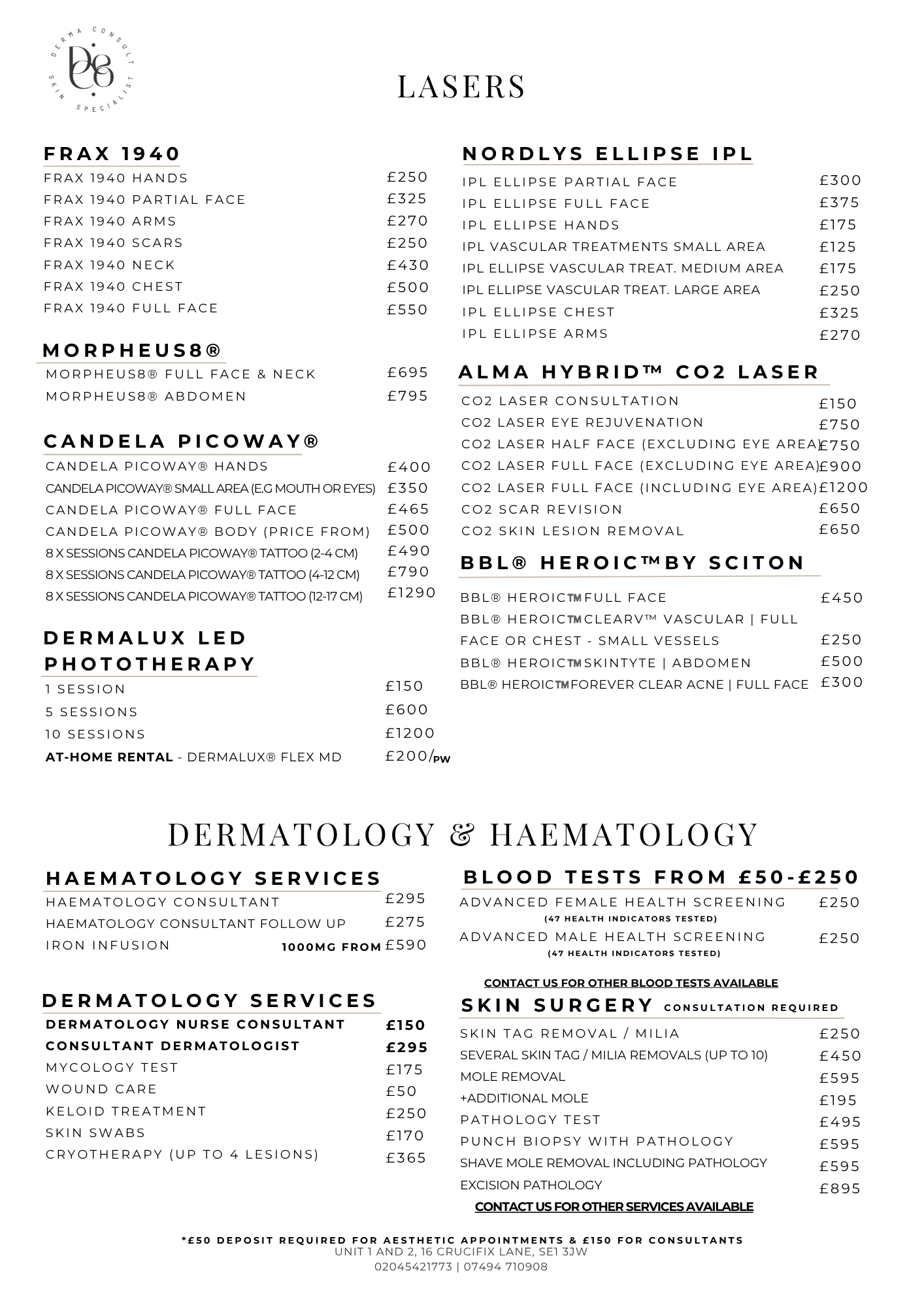 dermatology price list