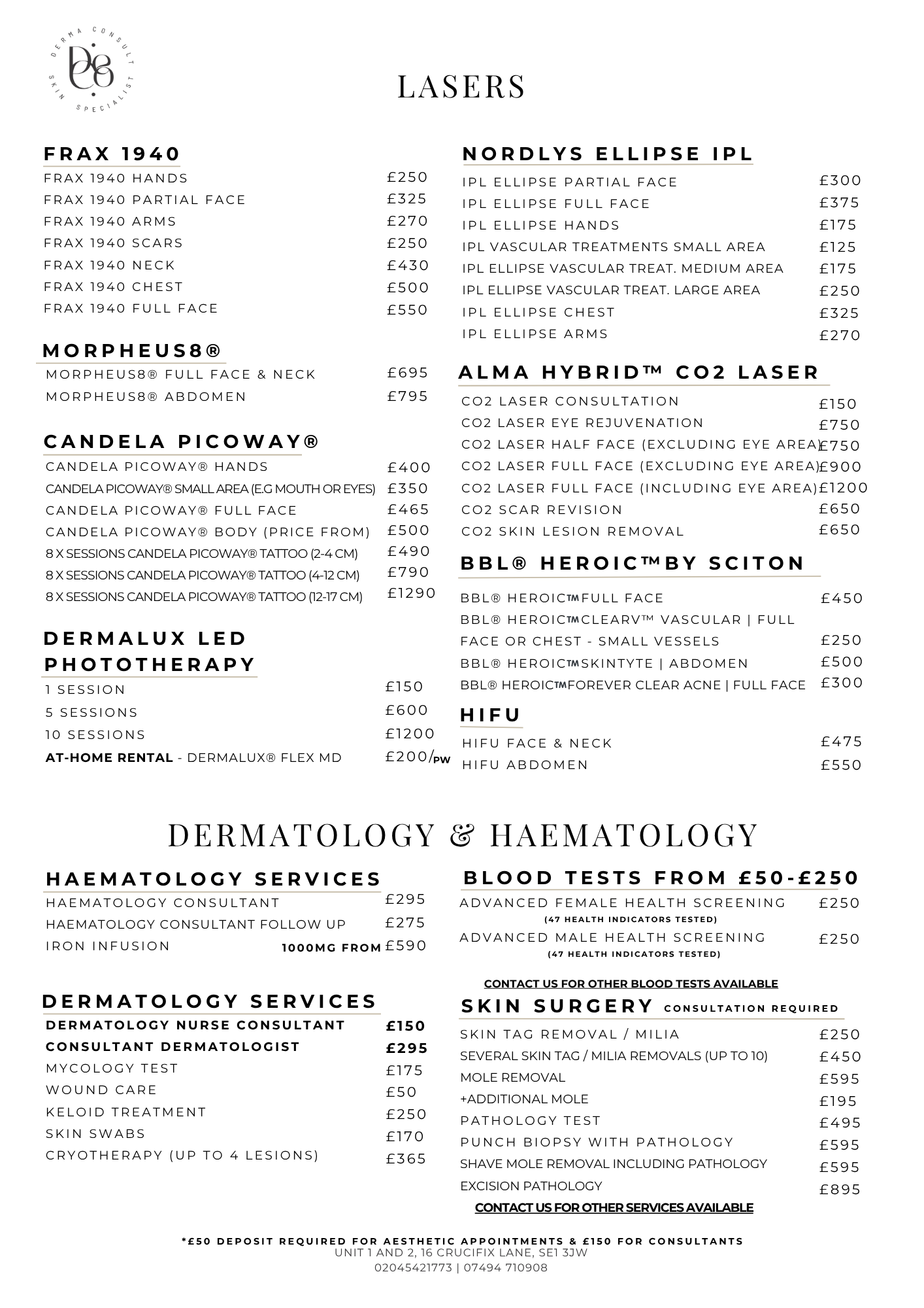 dermatology price list