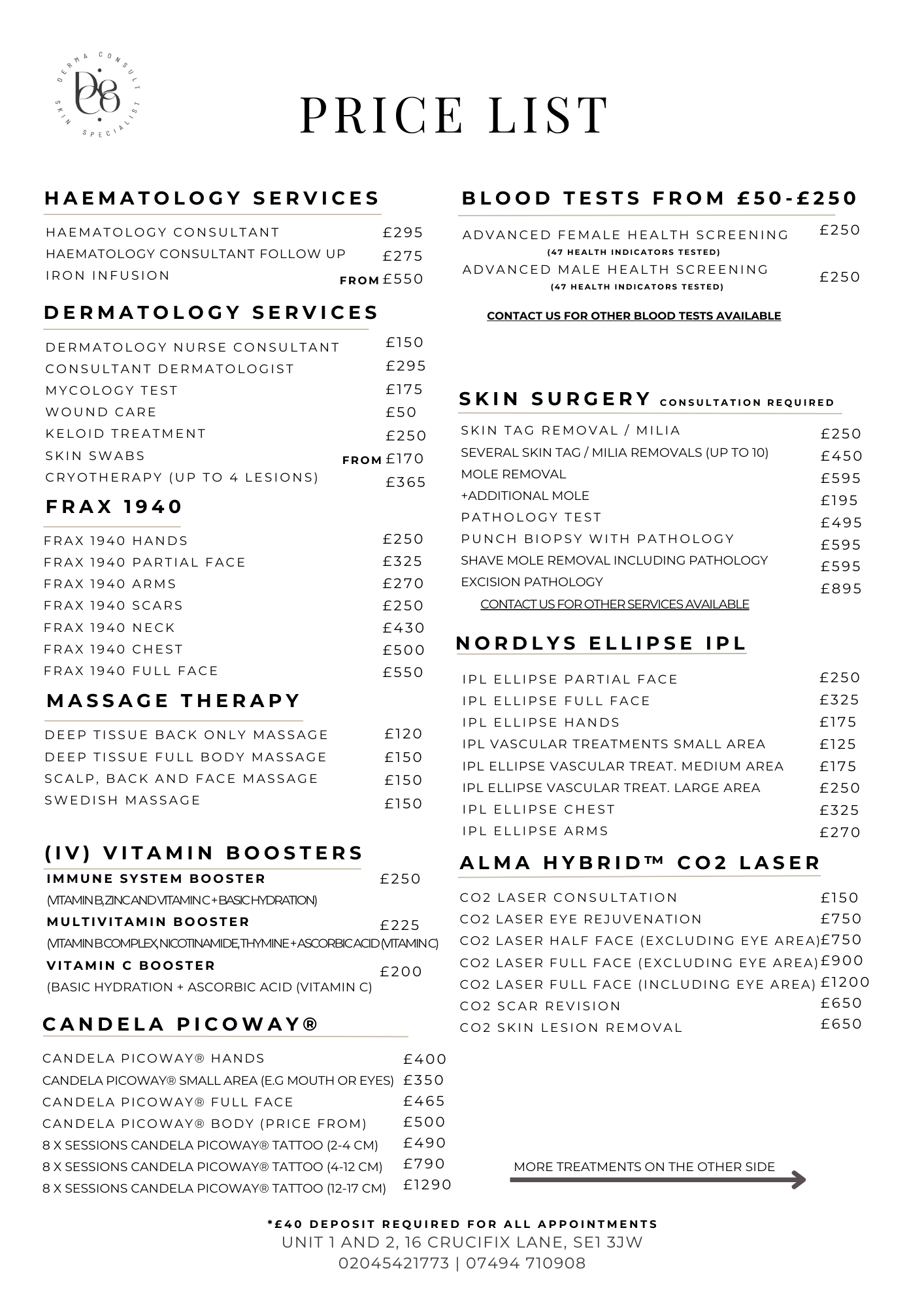 Derma consult price list