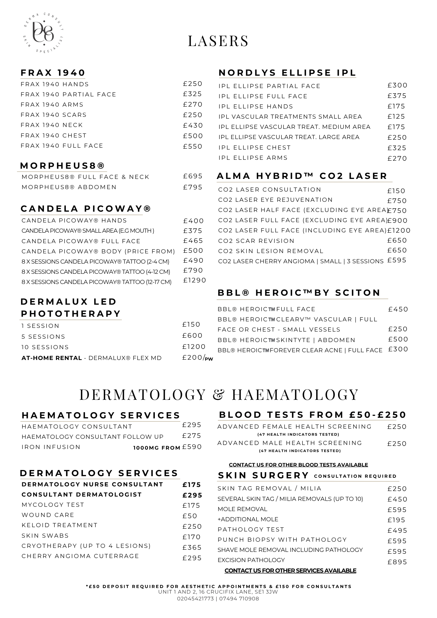 Derma consult price list