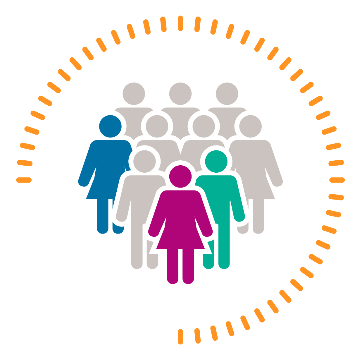 Graphic representation of a diverse group of people, including men and women, arranged in a semi-circle with a dotted orange border around them.