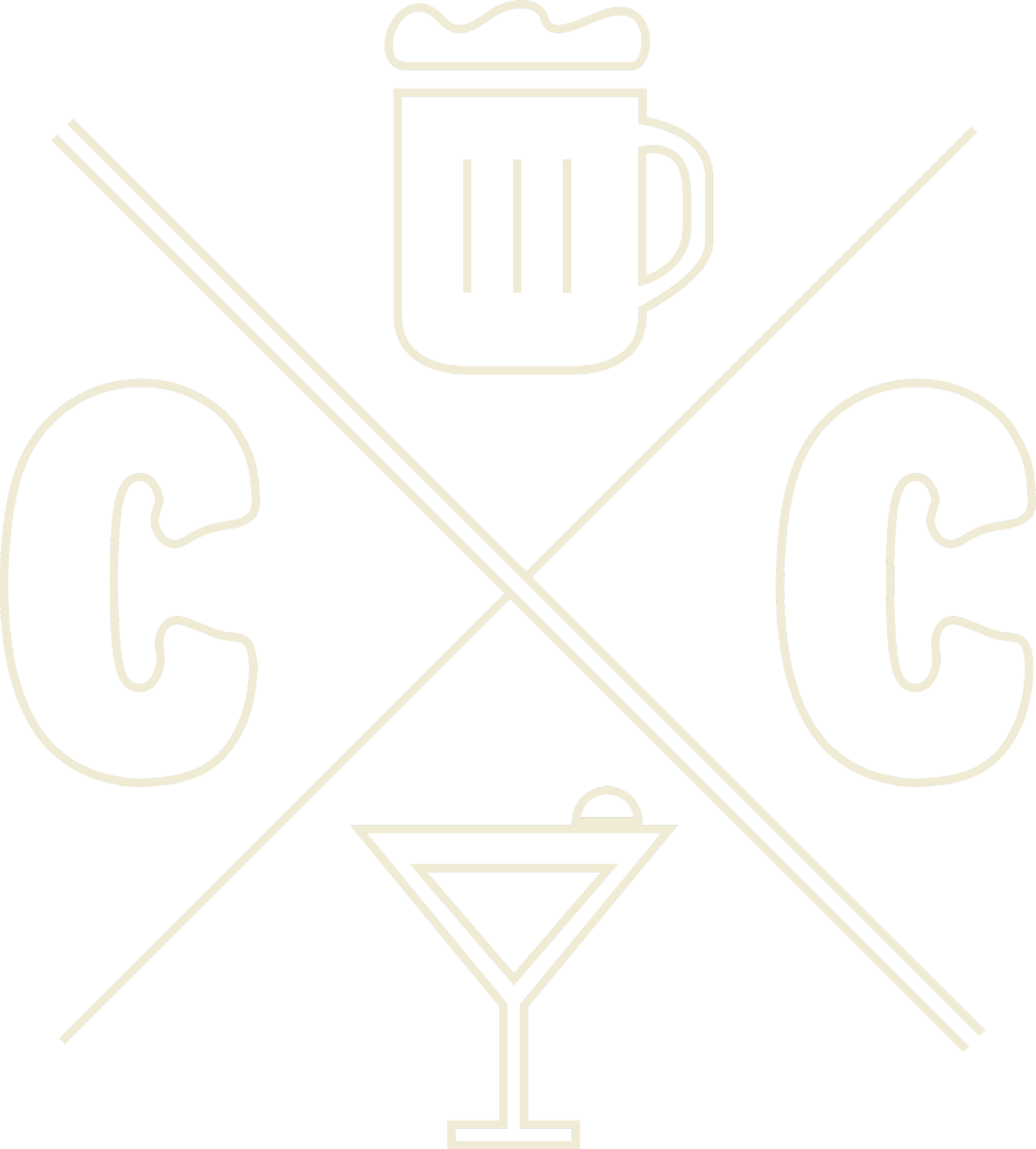 Neon line art of a beer mug, cocktail glass, and two large dice, with the letters C and C on either side.