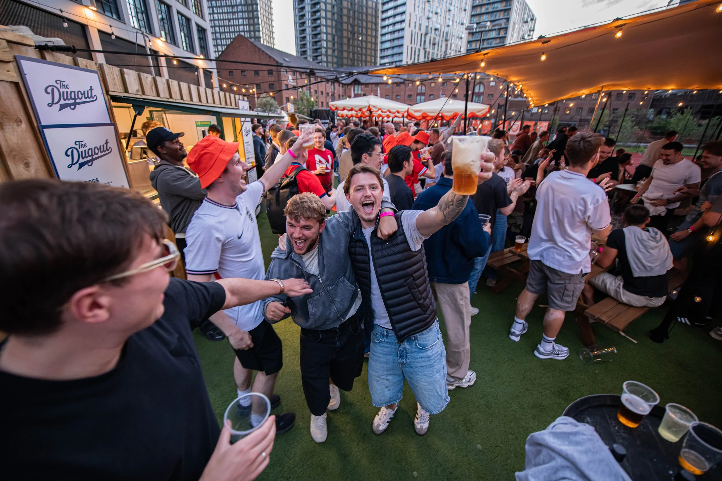 England fans celebrating outside Courts Club Manchester after watching the world cup
