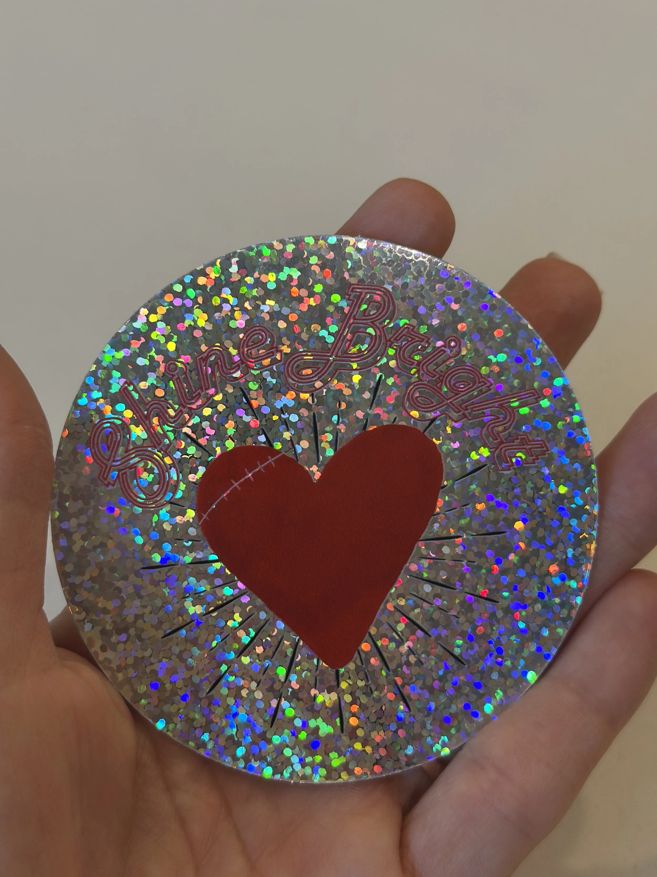 Shine Bright Glitter Circle Sticker with Red Heart