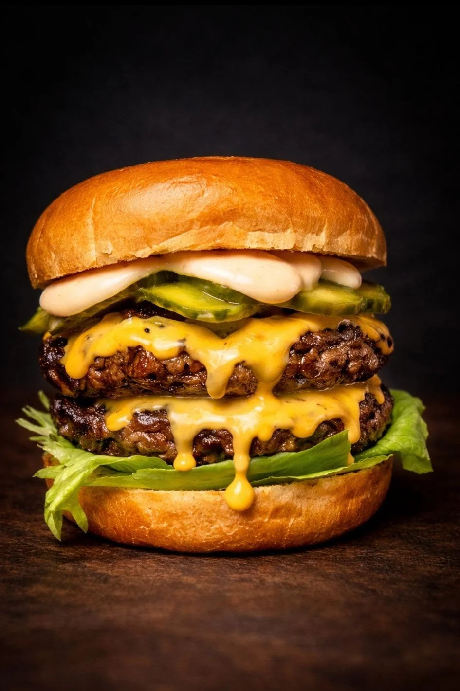 Close-up of a cheeseburger with two beef patties, melted cheddar cheese, pickles, lettuce, mayonnaise, on a toasted bun against a black background.