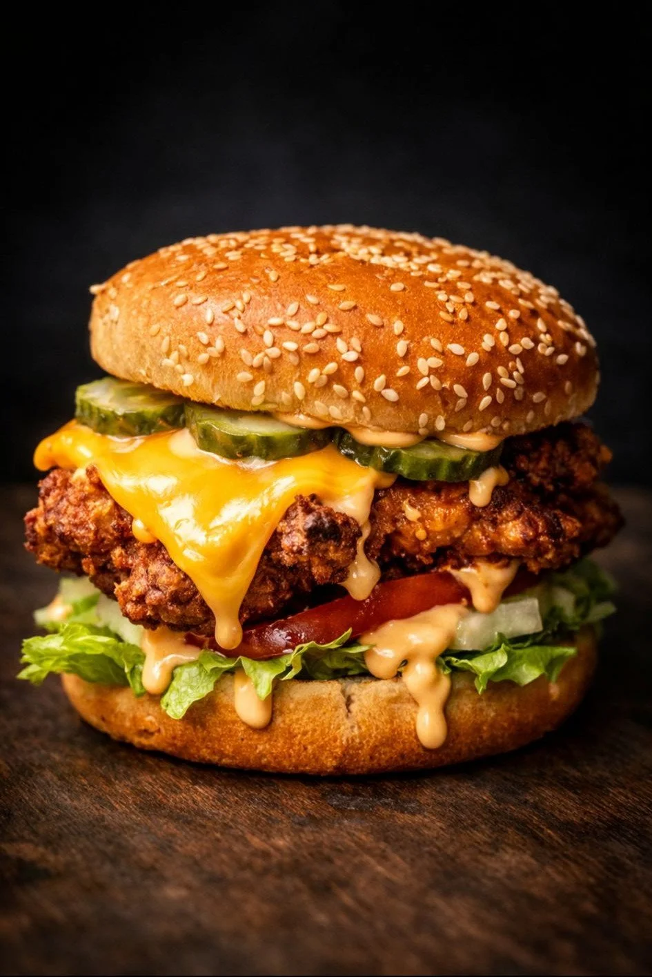 Close-up of a loaded cheeseburger with fried chicken, pickles, cheese, lettuce, tomato, and sauce on a sesame seed bun.