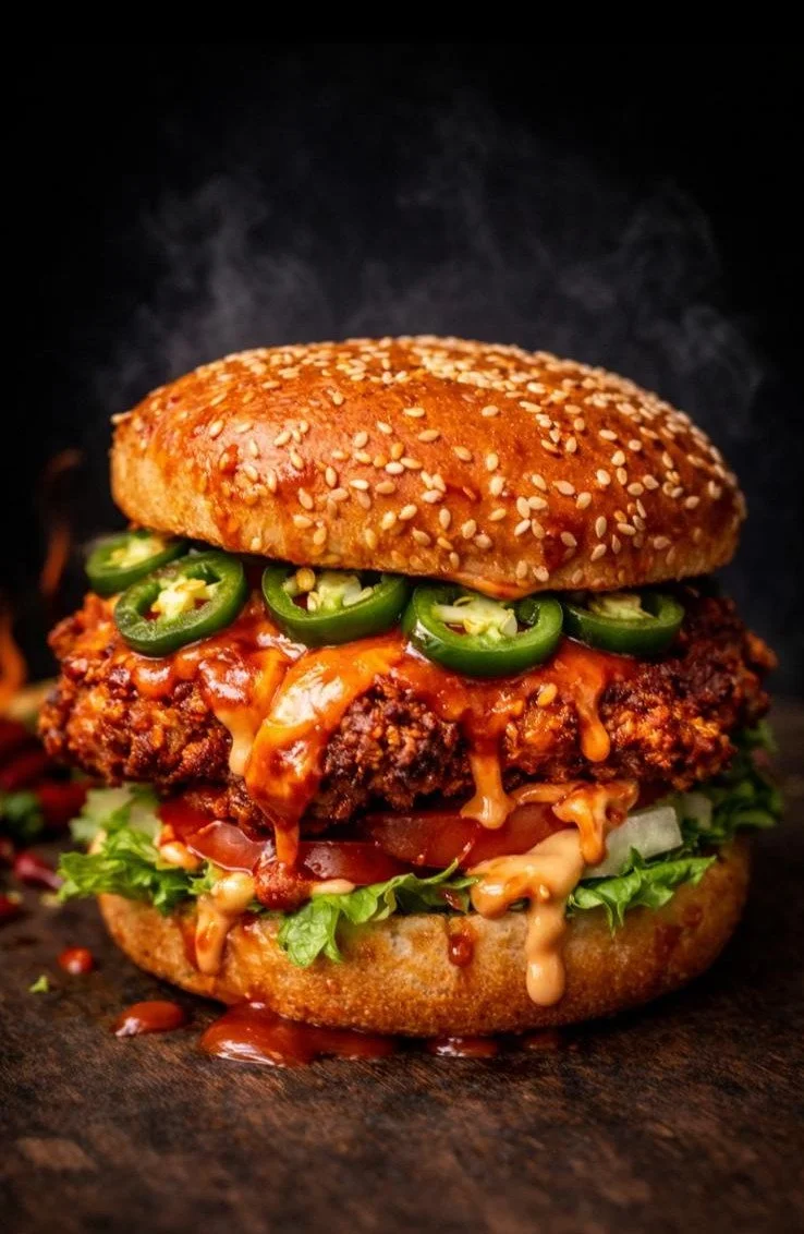 Close-up of a juicy fried chicken sandwich with lettuce, tomato, melted cheese, sliced jalapeños, and spicy sauce in a sesame seed bun on a dark background