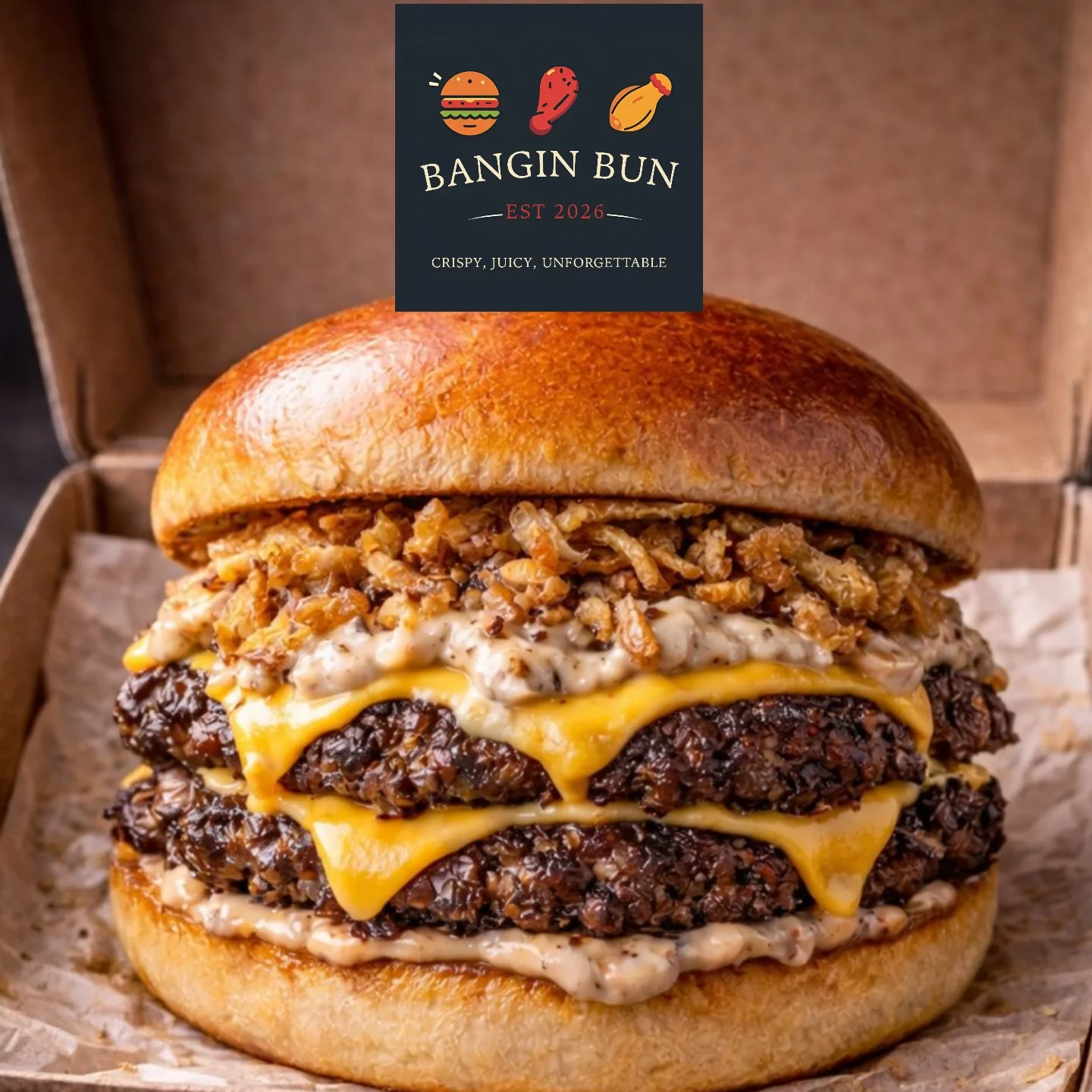 A thick burger with two beef patties, melted cheddar cheese, crispy fried onions, and special sauce, in a toasted bun, served in a cardboard box.
