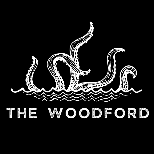 Tentacles of an octopus rising above water with the text "The Woodford" below in white on a black background.
