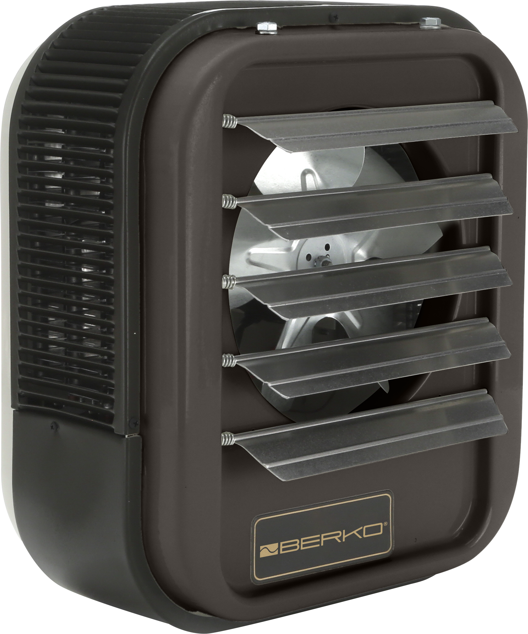 A black electric fan heater with horizontal metal louvers and a metal fan blade behind the louvers, branded 'NBERKO' on the front.