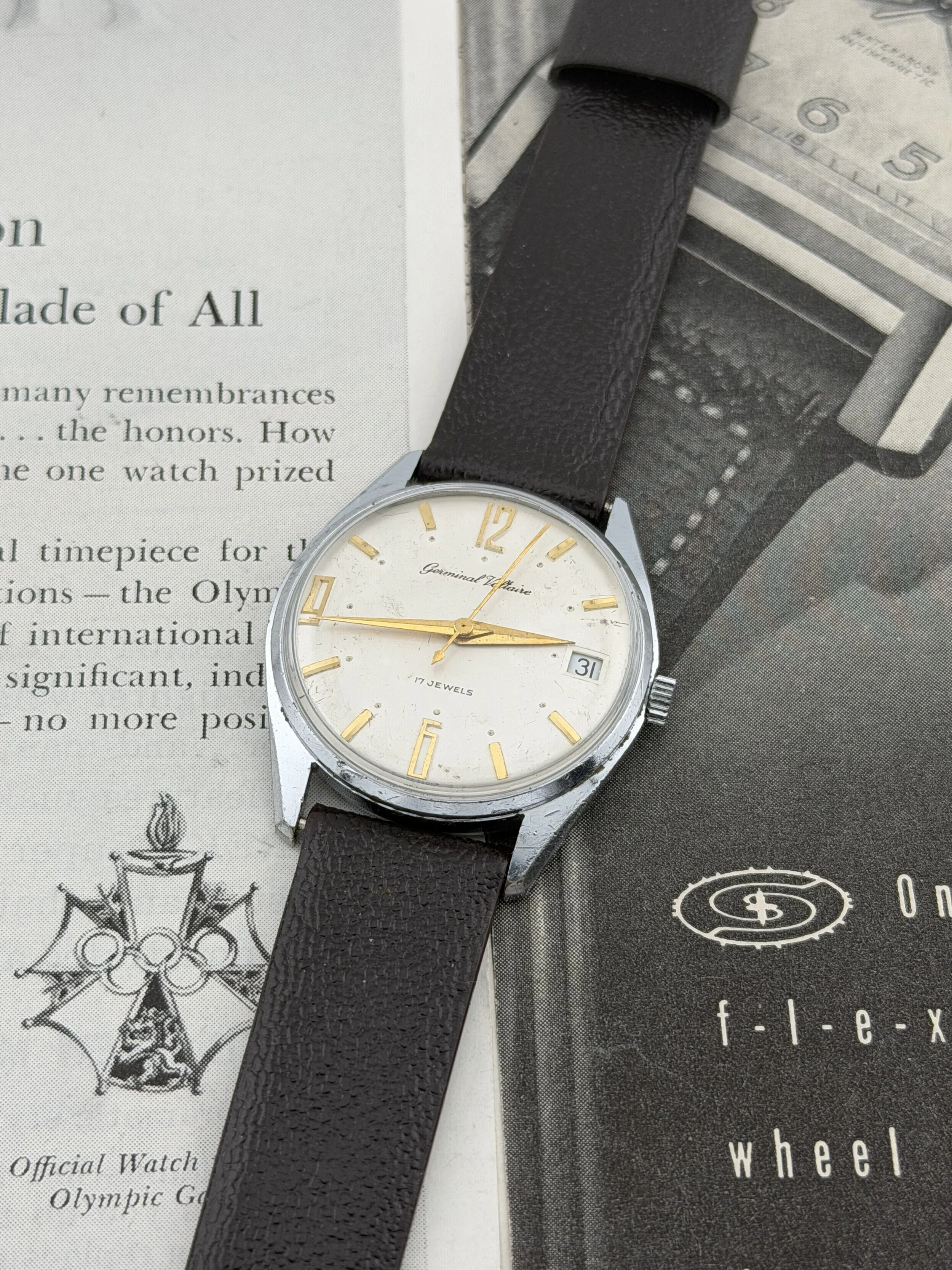 Germinal Voltaire | Swiss Mechanical | FHF/Standard 96-4 | 17 Jewels | Date | Applied Gold Numerals & Indices | Steel Case | Circa 1970s
