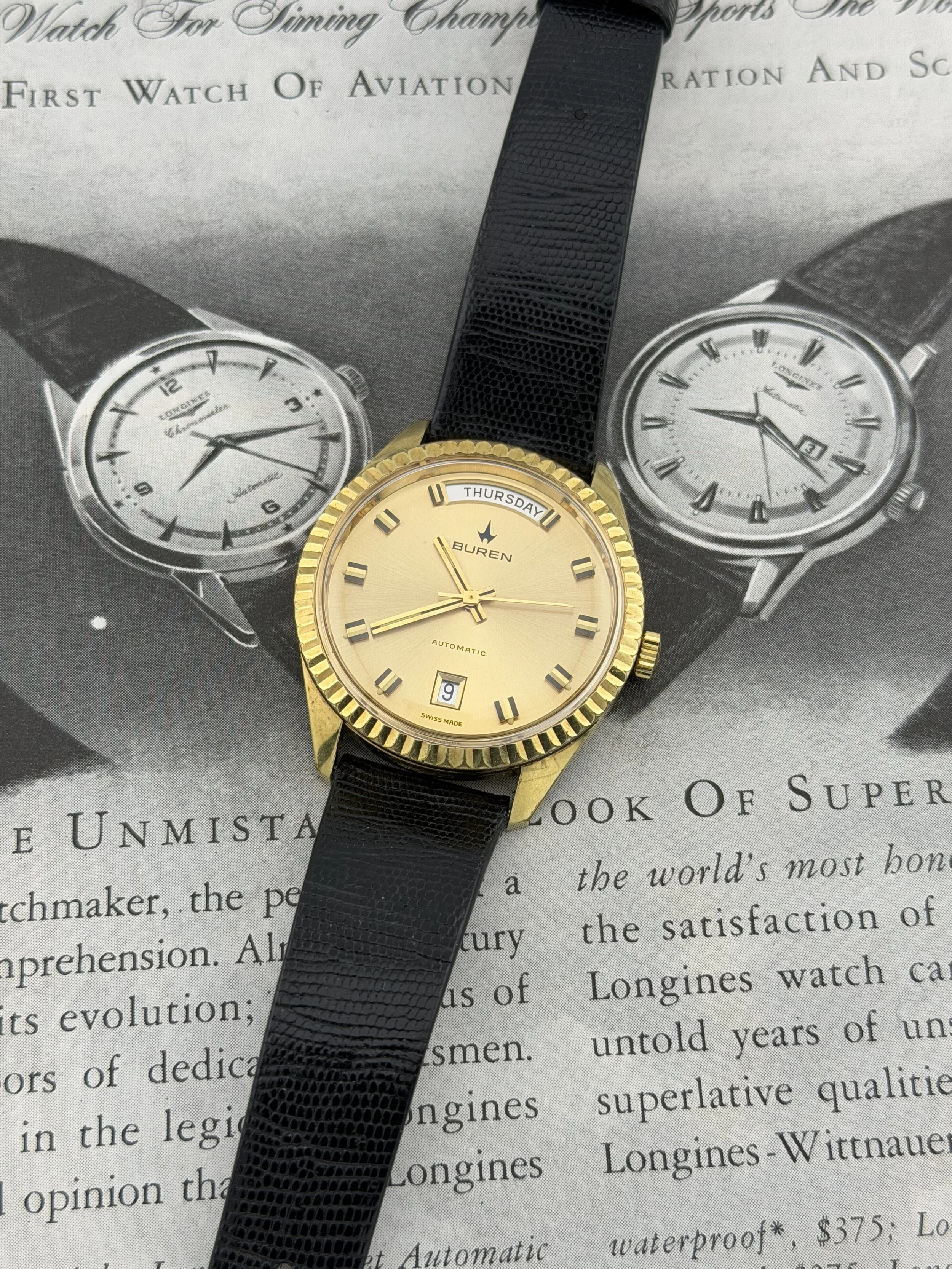 Buren | 17 Jewels | Swiss Automatic | Day/Date | Fluted Bezel | Gold Dial | Circa 1960s