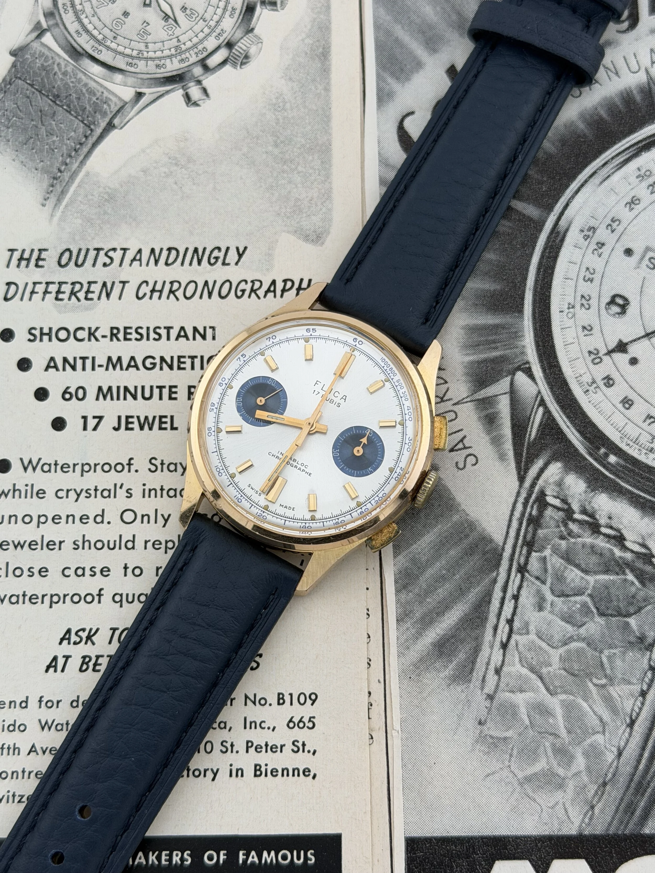 Flica Yachting Chronograph | 17 Jewels | Manual Wind | Valjoux Cal. 7733 | Regatta Countdown | Reverse Panda Dial | Incabloc | 35.4mm Case | Circa 1970s