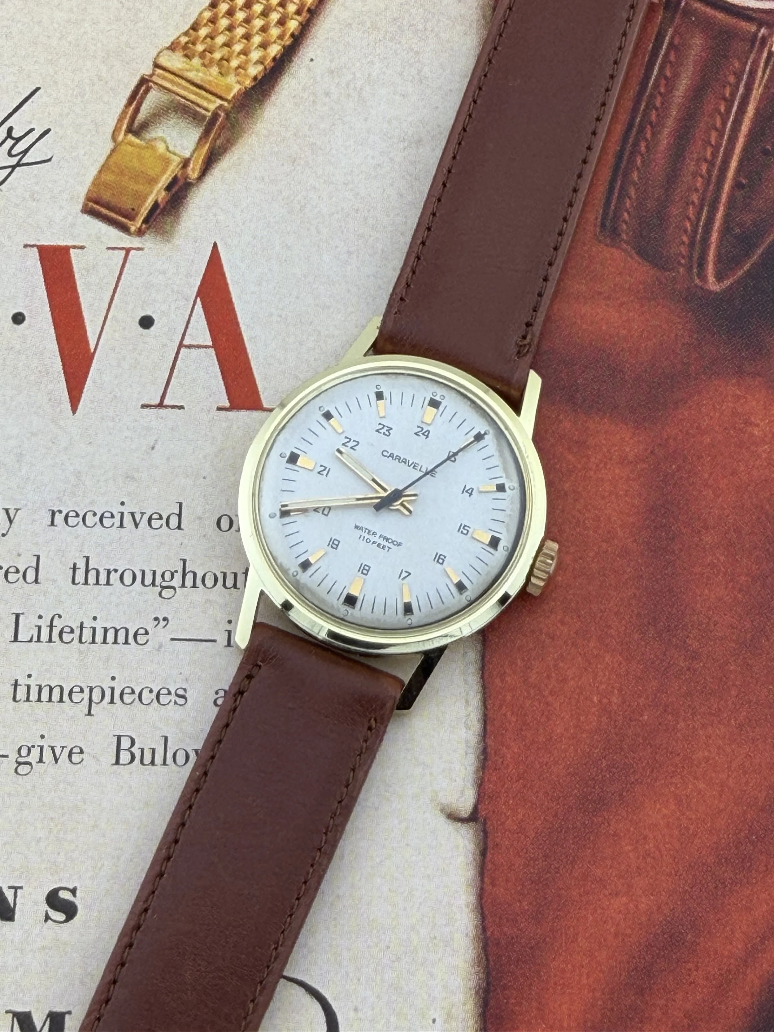 Caravelle by Bulova | 17 Jewels | Manual Wind | Cal. 11DP | 24-Hour Military-Style Dial | White-Silver Dial | Gold-Plated Case | 33.4mm Case | Circa 1969