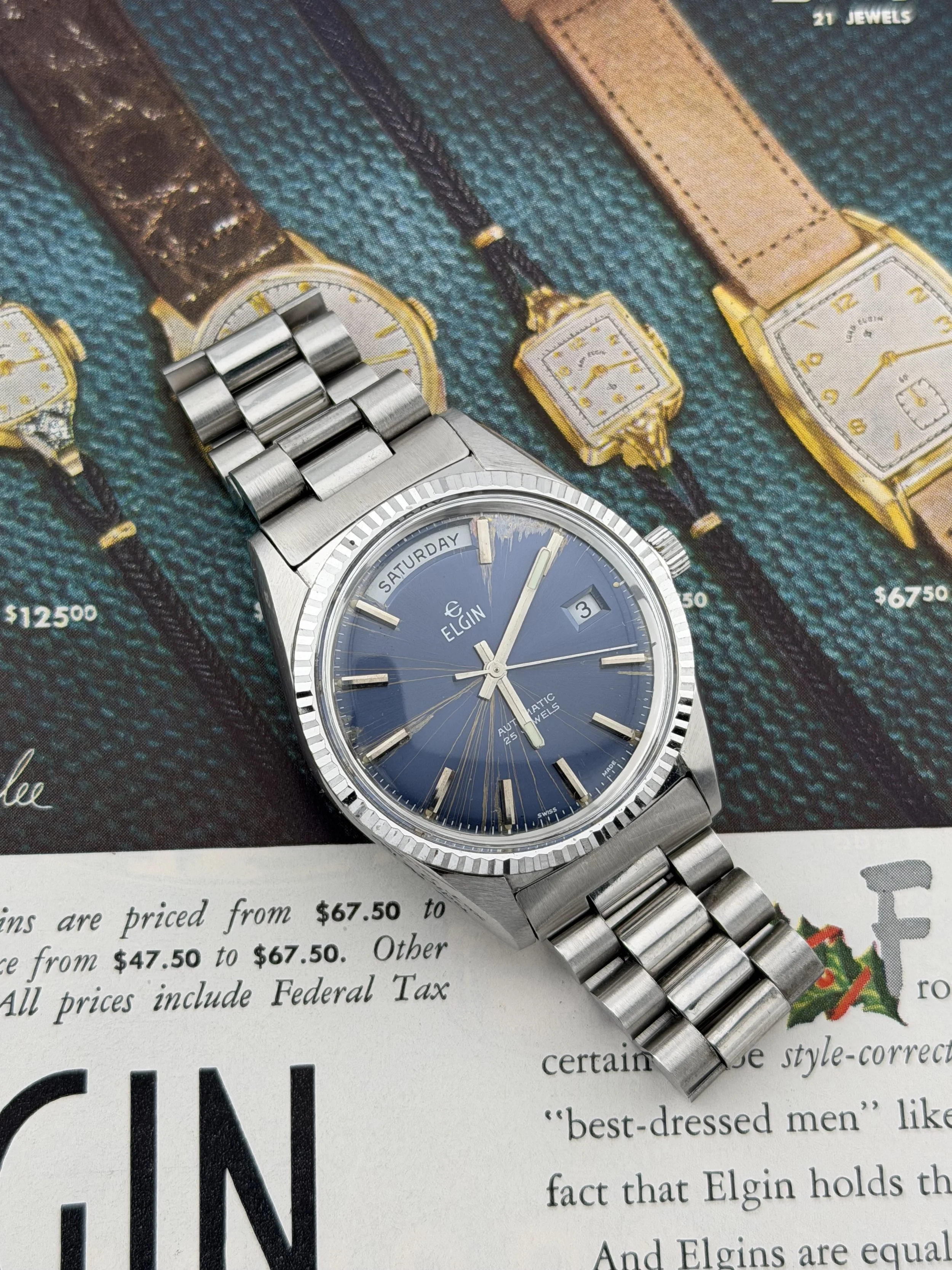 Elgin | Automatic Day-Date | AS 1985 | 25 Jewels | Blue Dial | Original Jubilee Bracelet | Circa 1970s