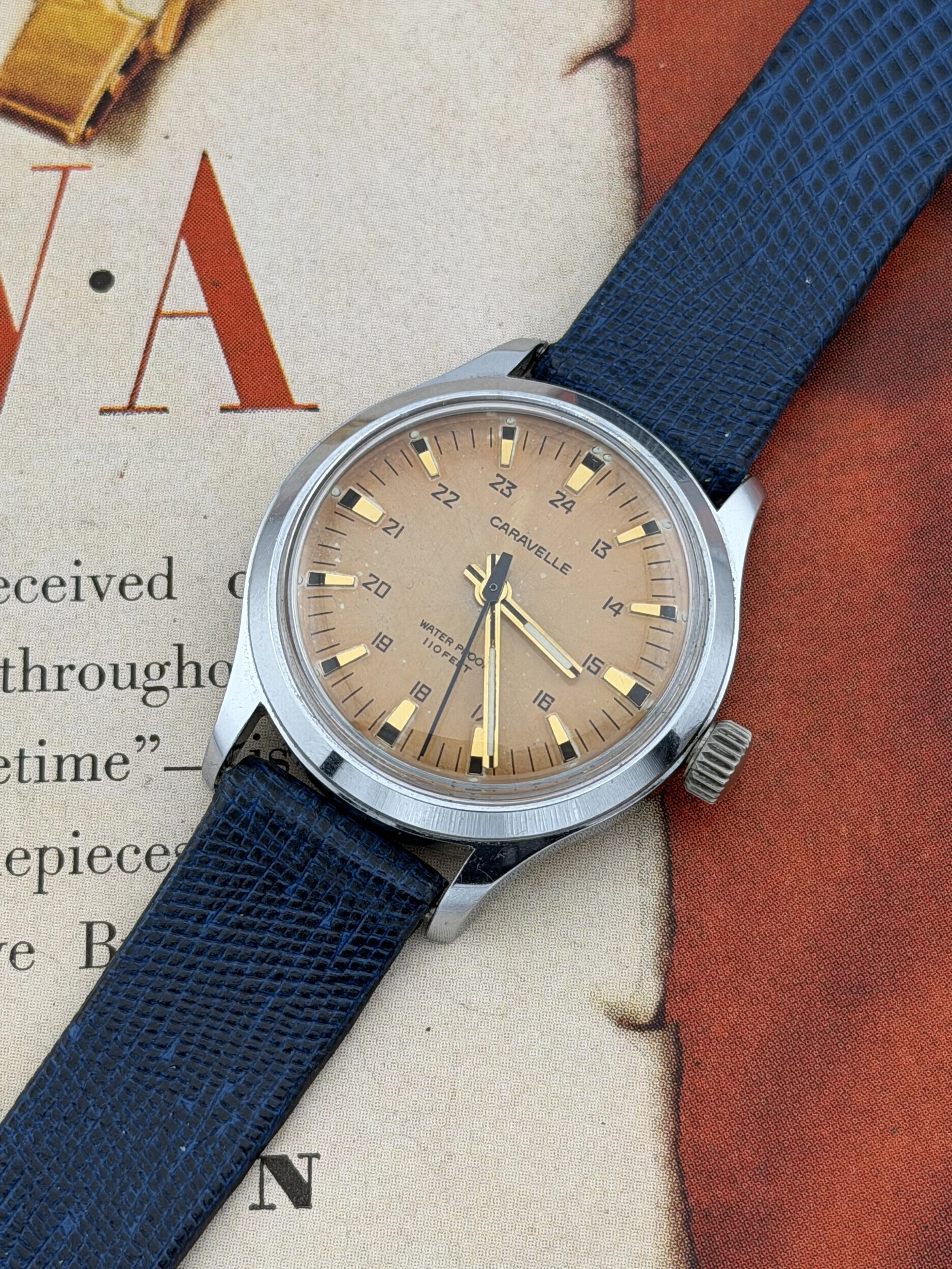 Caravelle by Bulova | 17 Jewels | Manual Wind | Cal. 11DP | 24-Hour Military-Style Dial | Tropical Salmon Dial | Early 1970s