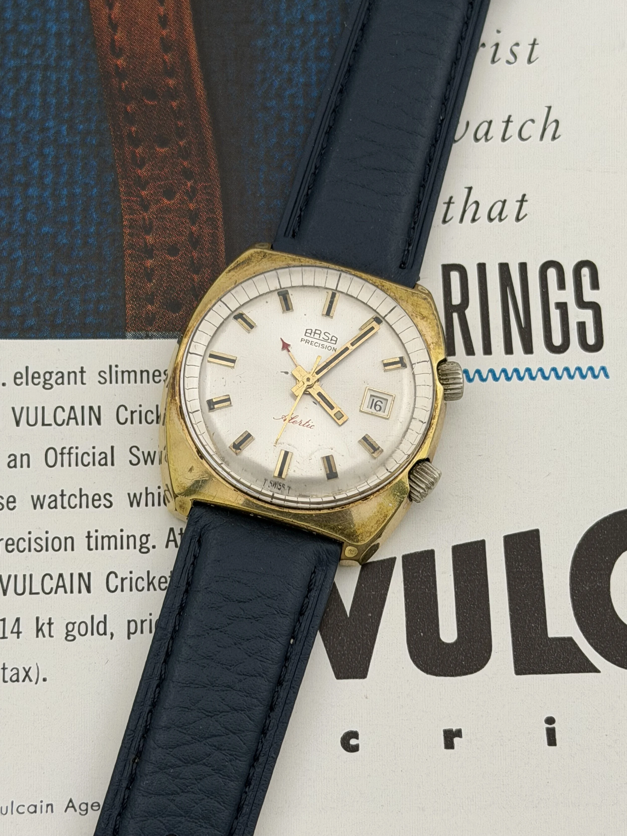 ARSA Alertic | 17 Jewels | Manual Wind Alarm | Cal. 1568 | Dual-Barrel Movement | Date | Gold-Plated Cushion Case | 36.8mm Case | Circa 1970s