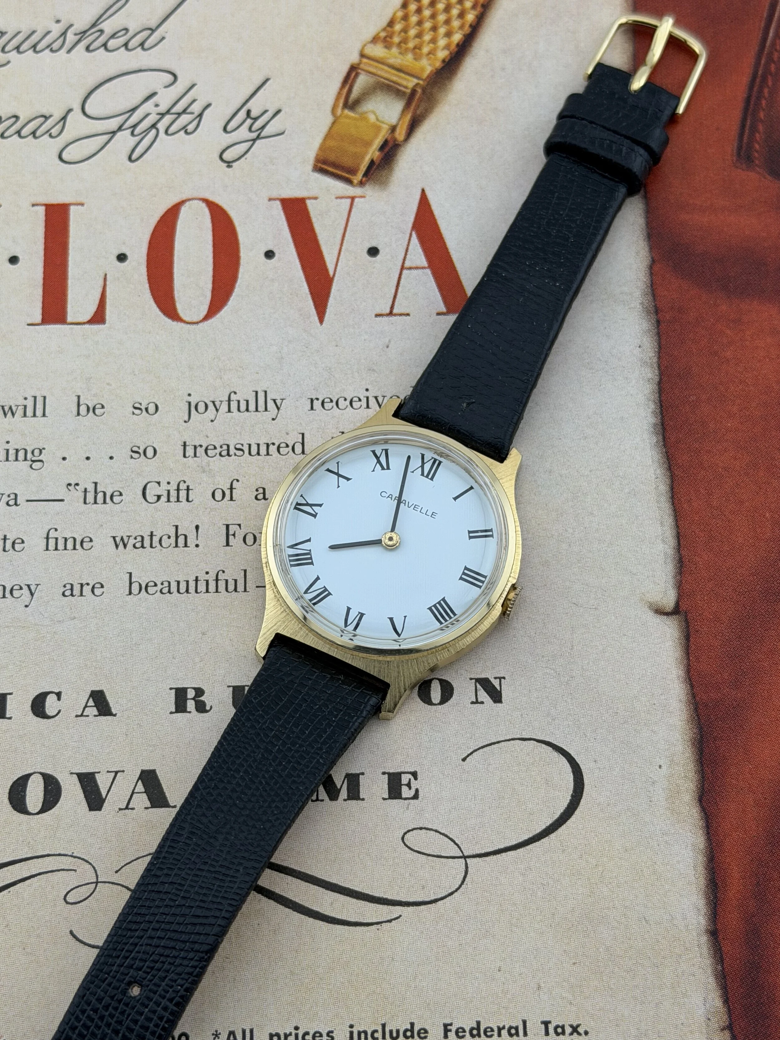 Caravelle by Bulova | Manual Wind | 17 Jewels | Roman Numerals | Small Seconds | Gold-Tone Tonneau Case | Stainless Steel Caseback | 33mm Case | 1976