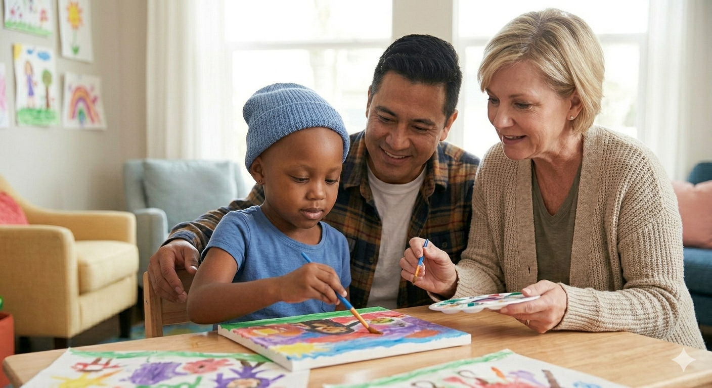 A young girl painting with adult woman and man at a table in a cozy living room filled with children's artwork on the walls.