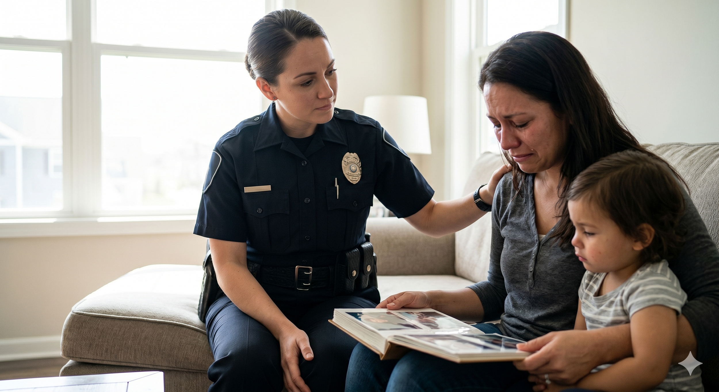 A police officer sitting on a couch with a woman and a young girl, looking at photos in an album, in a well-lit room.