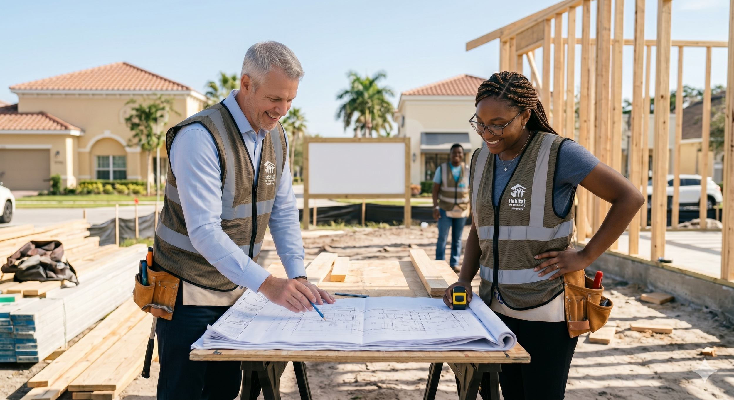 Two construction workers, a man and a woman, review blueprints at a construction site during daytime. They are wearing safety vests with the Habitat for Humanity logo, and there are houses under construction in the background.