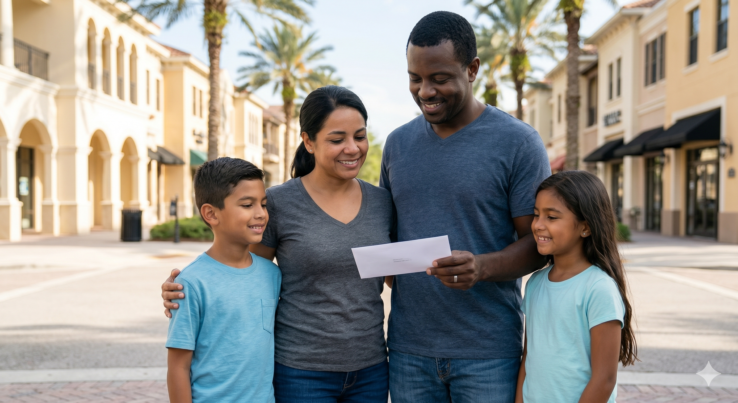 A family of four, including two children, standing together outdoors in a shopping district, looking at a piece of paper and smiling.