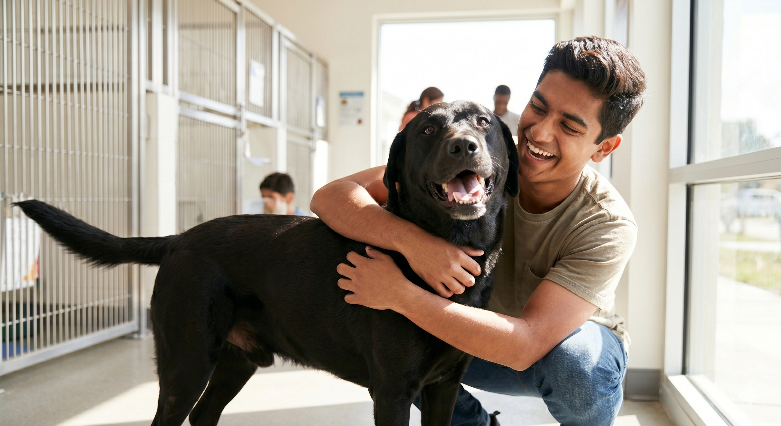 Young man hugging a large black dog inside a brightly lit animal shelter with cages in the background.