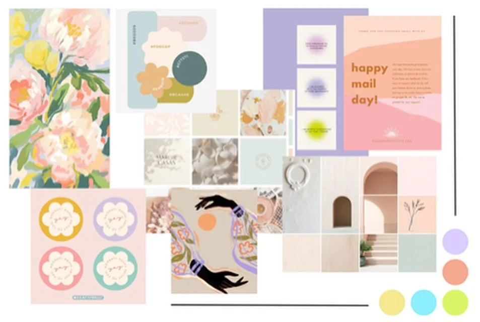 Moodboard for GenShe RTP &bull; We love how fun, feminine &amp; sweet this branding is. With hints of lilac, lime green for that punch, black and white for impact and seriousness, peppered with peach for flair.
Absolutely DARLING!
Codewords: Wispy, g