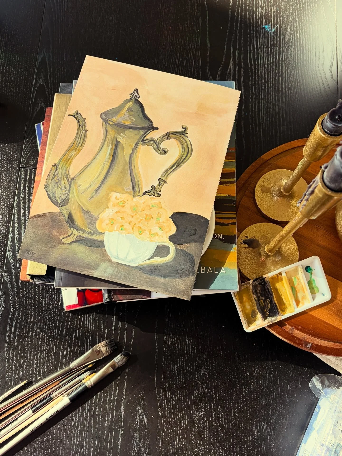 Day 2 of learning oil painting! 
Silver teapot, Ceramic Cup, Peachy hydrangeas.
&bull; Oil Paints &bull; Canvas Paper &bull; Still Life &bull; Light Study &bull;